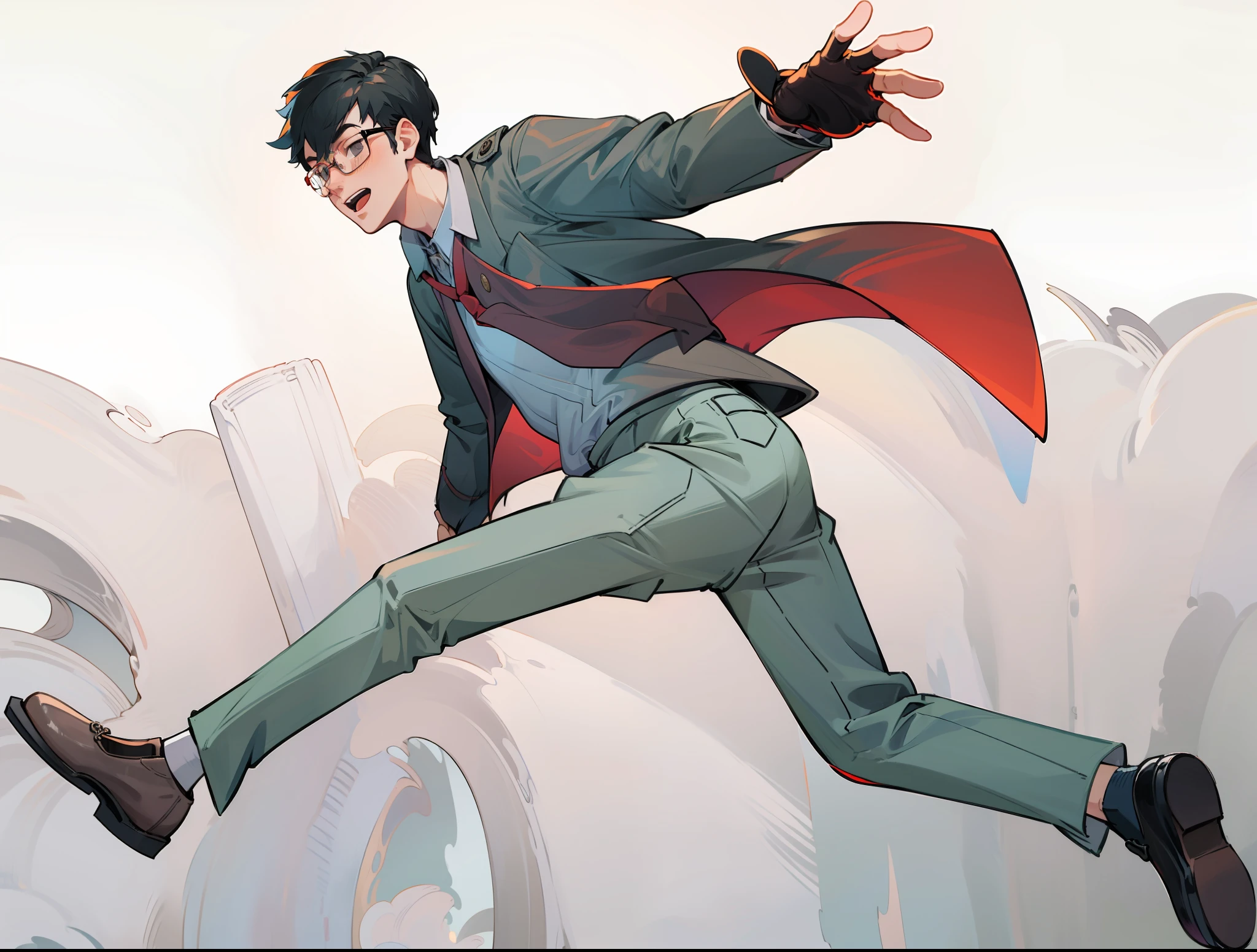 1 boy, 8k, suit, gray coat, gray pants, suit, light gray, white shirt, red tie, black leather shoes, glasses men, glasses, black hair, soaring, jumping, one hand grabbing forward, looking up, full body, best quality, white background