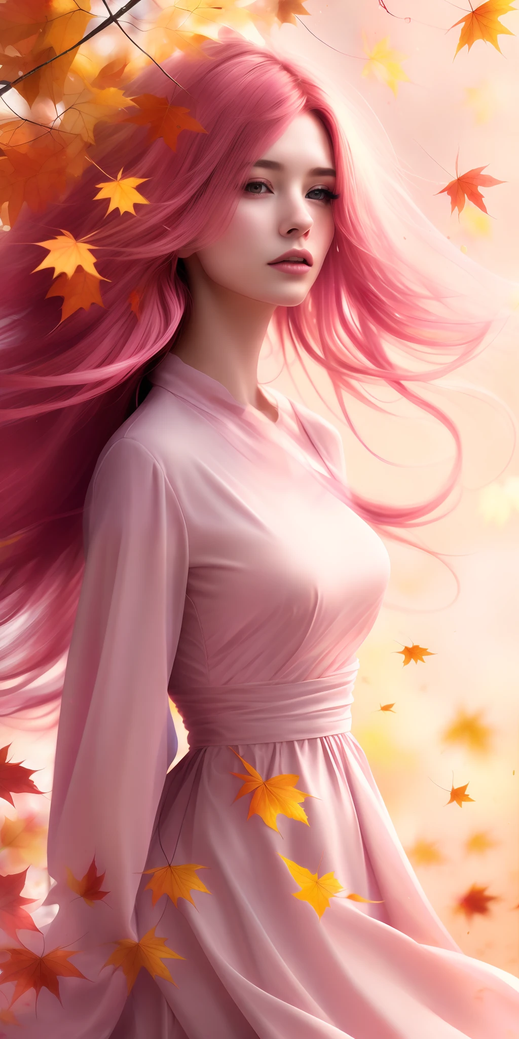 A picture of MSE A beautiful woman,The most beautiful girl by Agnes Cecile, cheerful expression, beautiful pink hair moved by the wind, autumn leaves in the air, dress moved by the wind,luminous design, pastel colors, ink drops, autumn lights,