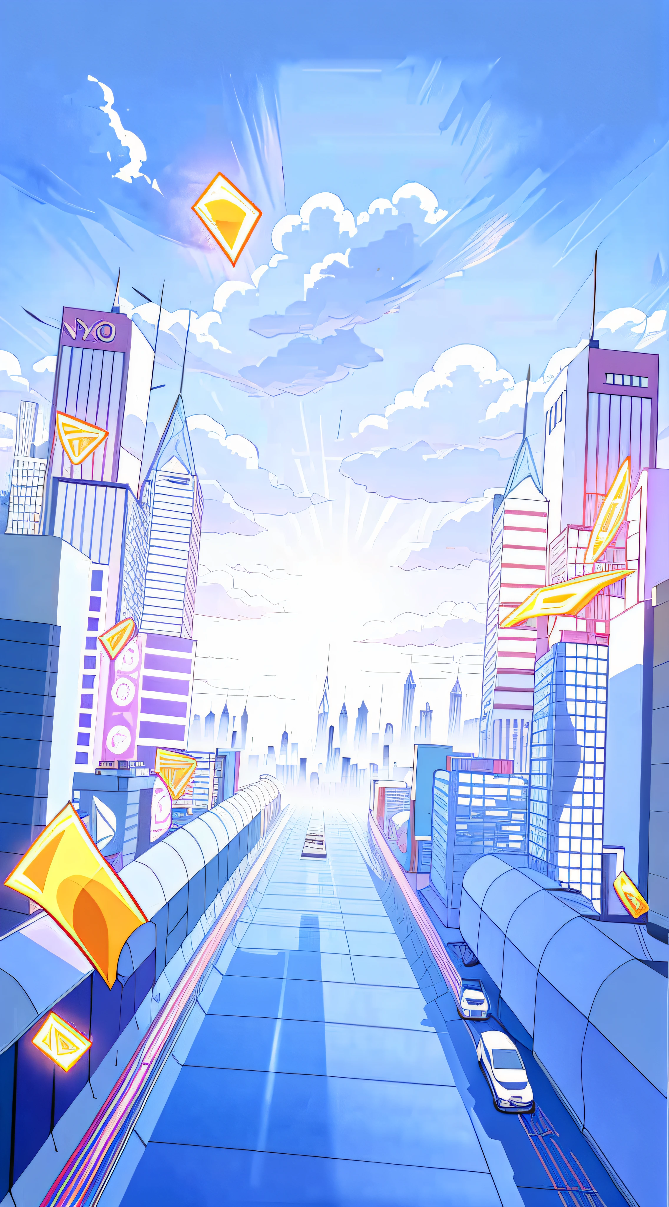 skyscraper, surreal cityscape background, futuristic city background, upbeat matte painting, futuristic city background, daytime cityscape, anime style cityscape, commercial illustration, epic illustration, futuristic cityscape, futuristic street, background blue sky and white clouds --auto