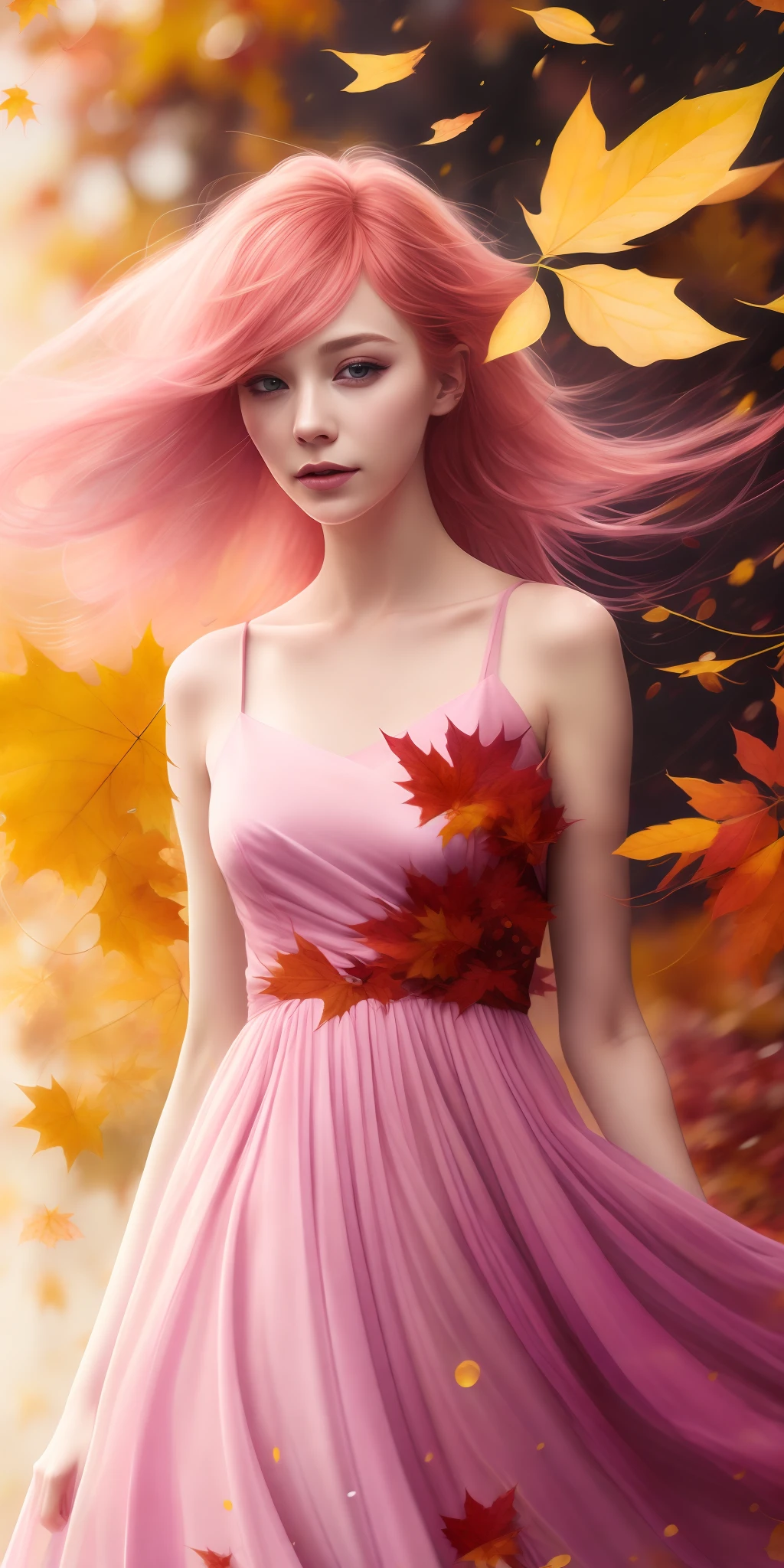 A picture of MSE A beautiful woman,The most beautiful girl by Agnes Cecile, cheerful expression, beautiful pink hair moved by the wind, autumn leaves in the air, dress moved by the wind,luminous design, pastel colors, ink drops, autumn lights,