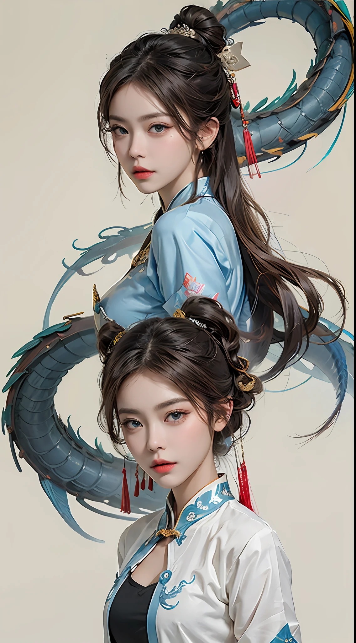 Masterpiece, traditional Chinese ink painting, a 28-year-old fairy in a colorful ao dai, long hair, hair and antique jewelry, hair brooch, the most beautiful and detailed face, blue eyes, feathers thin eyebrows, very meticulous and delicate makeup eyelashes, looking at the viewer, breasts are enlarged, breasts are big and round, arms crossed behind back, hanfu style, (dunce style: 1.8), Linh, loong, Dunhuang_cloth, UHD dragon horn, Flying dragon, upper body, 4k, best quality, super detail, winning award, high quality, best quality, high detail, dunhuang_fan, dunhuang_dress, dunhuang_background , highest quality, 8k quality, super realistic, FHD quality, 8k ultra FHD, fantasy style