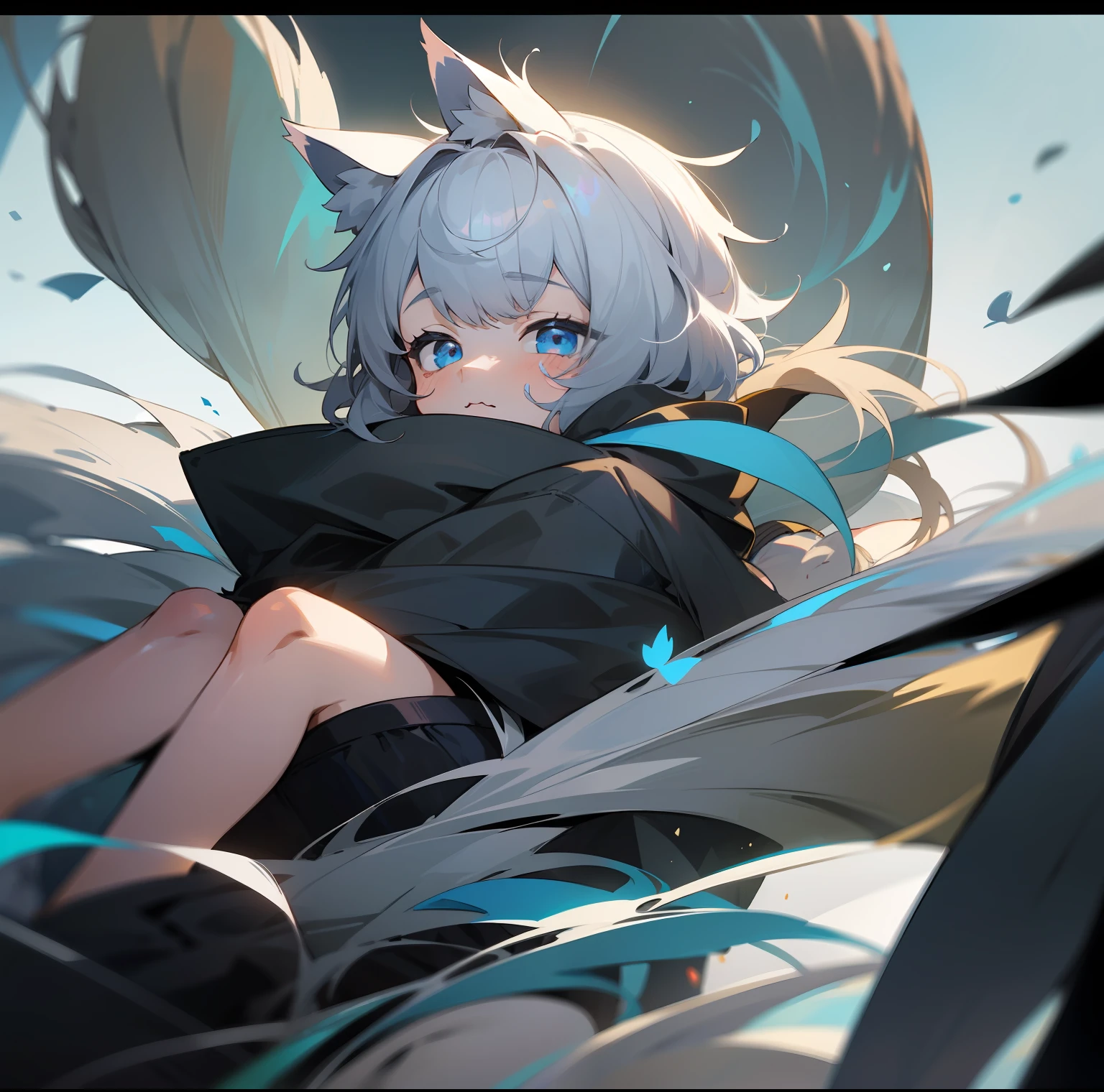 (1boy), (Shota), (HD quality, masterpiece level), cute teen character, dark gray hair, blue eyes, (wolf ears), (wolf tail), one tail, (no ears), (little boy), (ears covered), (hair covered ears), a pinch of blue bangs, chubby face, random expressions, cute feet, cute face