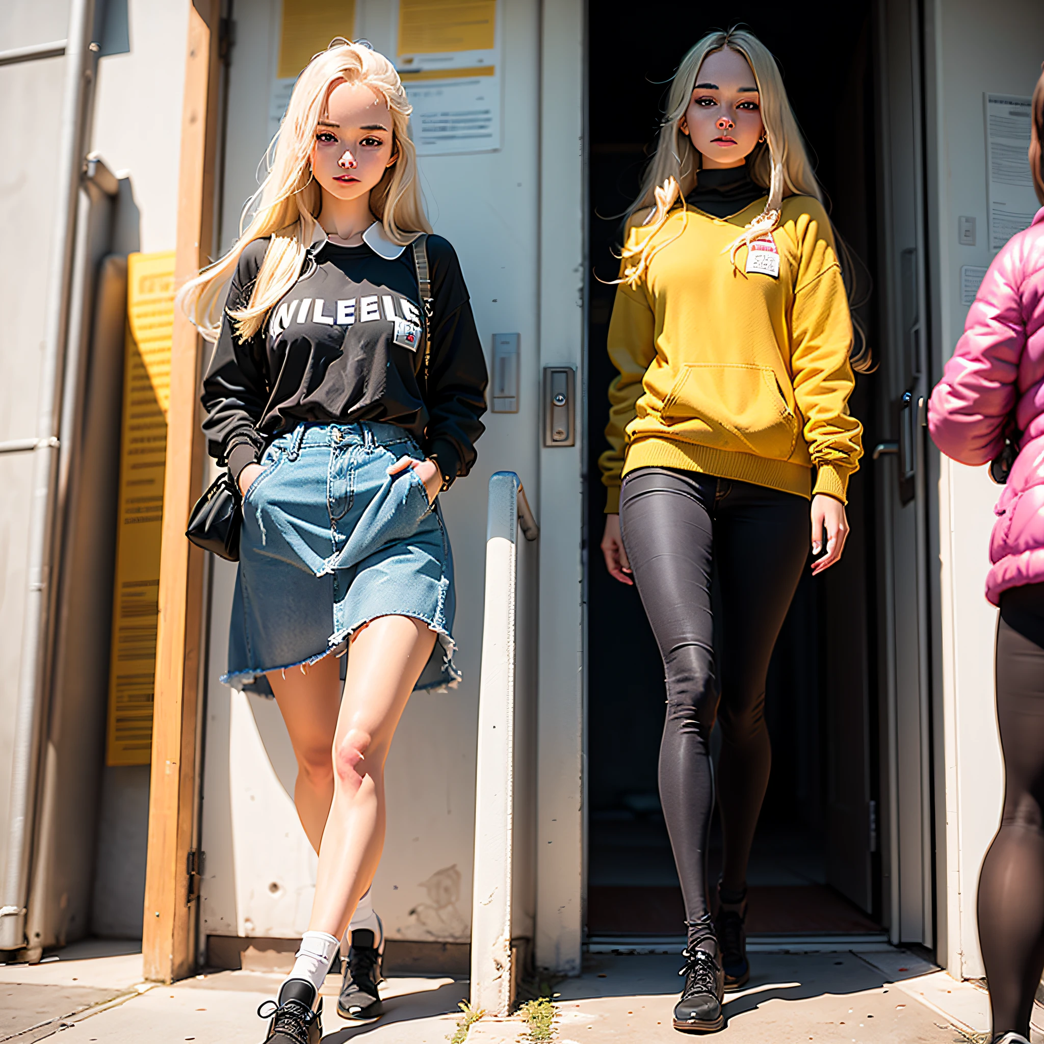 "(((A girl of about 18 years old, high school student, with long, blonde hair, deep blue eyes, simple but modern clothes and well adjusted to her well-turned body. She wears women's shoes with moderate heels. She exudes elegance and youth as she walks the halls of her school, in a realistic and up-to-date view)))"

- Image Type: Digital Painting
- Subject Description: An artistic depiction of a high school girl, capturing her beauty, elegance, and youth.
- Art Styles: Digital Art Influenced by Pop Art, Contemporary Portraiture
- Artistic Inspirations: Pop artworks by Roy Lichtenstein, contemporary portraits by Kehinde Wiley
- Camera: Imaginary, capturing the essence of the girl and her school environment
- Framing: Medium plane
- Rendering-Related Information: Detailed digital painting, vibrant and contrasting colors inspired by pop art, unique style that highlights the girl's youth and modern personality, background with school elements and school hallways. --auto