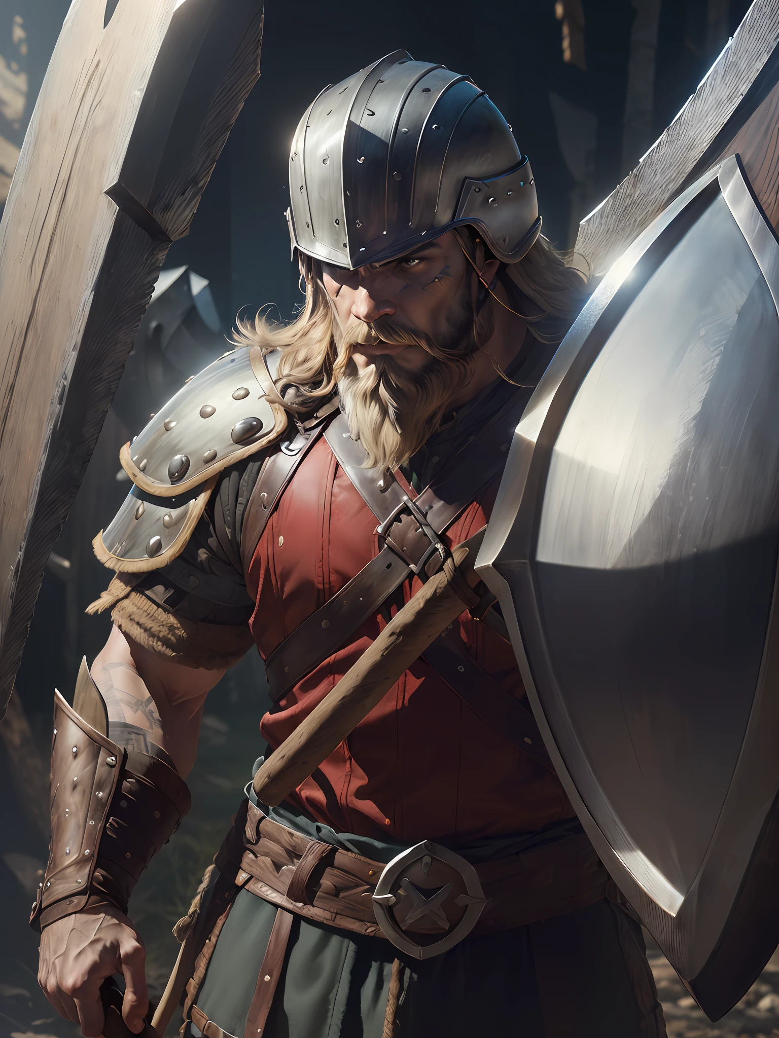 1 African warrior man ((Viking))(beard on the battlefield, wearing Viking armor, athletic (((Detailed helmet)) ((big Axe in hand))the detailed face,(shield) as drop shadow, halftone, vanishing point, diffraction peaks, f/1.8, Nikon, high detail, UHD, masterpiece, best quality, highres, 16k