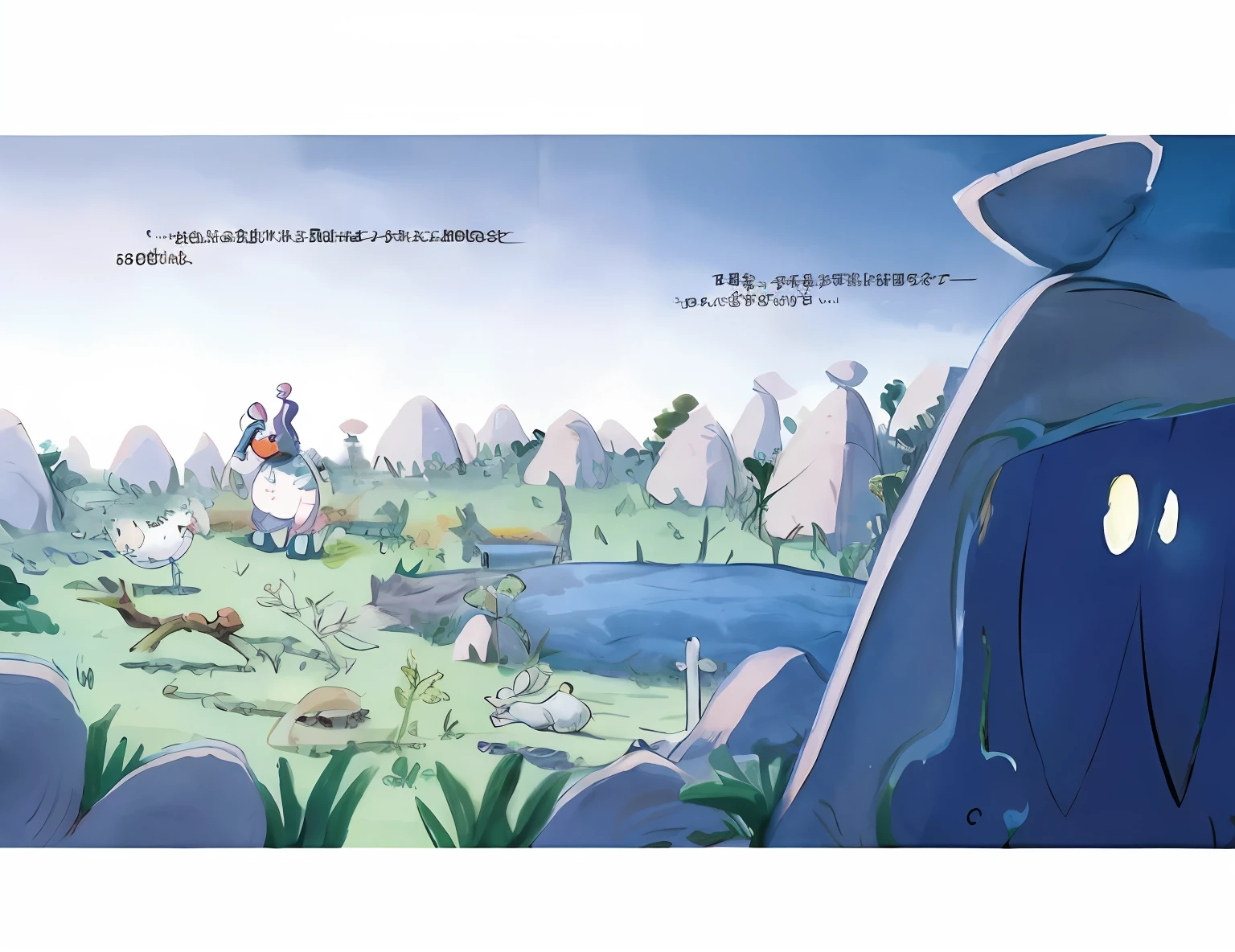 there is a cartoon picture of a blue elephant in a field, picture book, by Xia Gui, by Yan Hui, story book design, book illustration, by Miao Fu, by Xia Chang, wei wang, detailed book illustration, lu ji, by Cheng Jiasui, whole page illustration, the moomins in moominvalley, wu liu