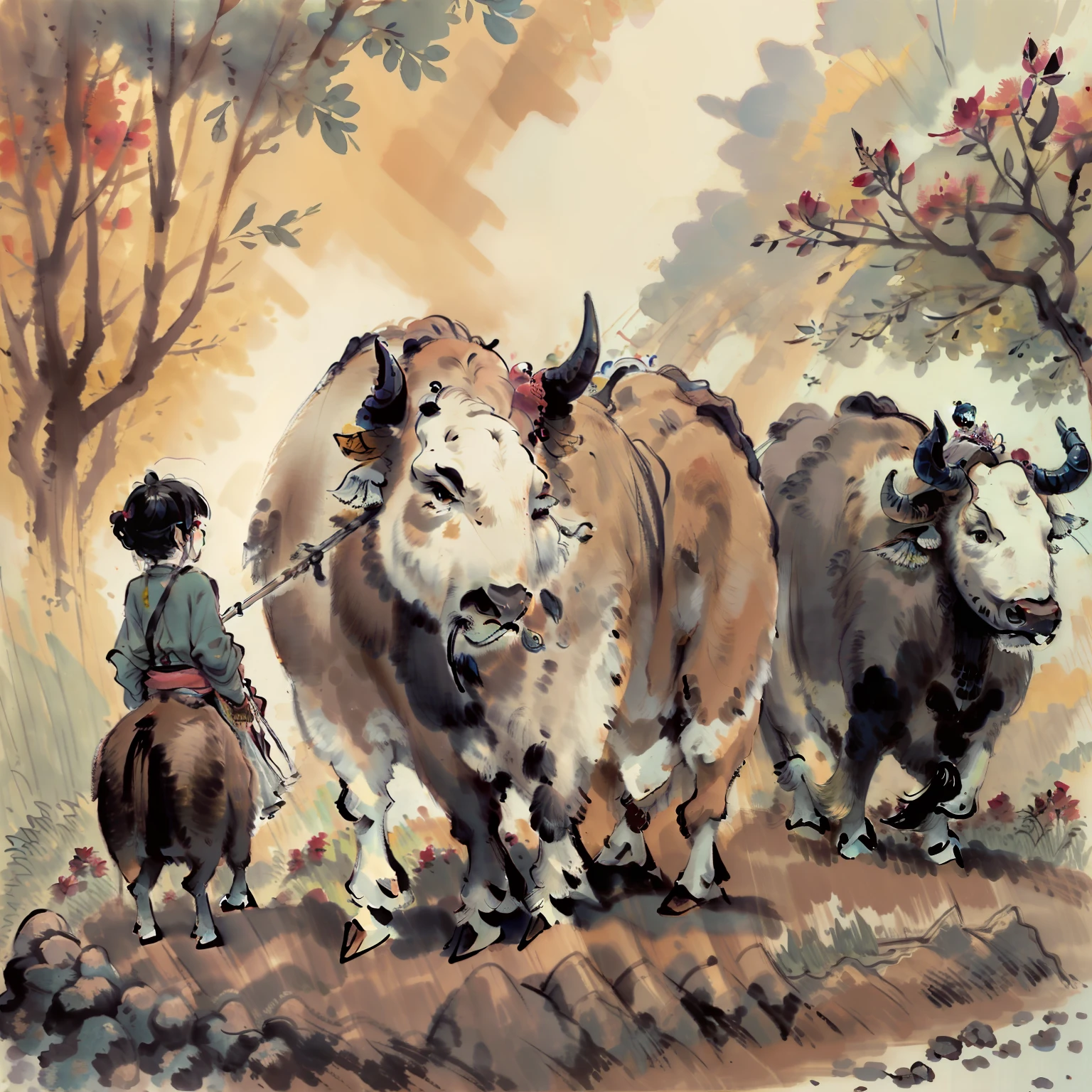 (best quality, masterpiece, illustration), ink painting, a trumpet flower in the painting, a buffalo, an old man ploughing the land, children playing, natural pen movement, color harmony, highest texture, drop,