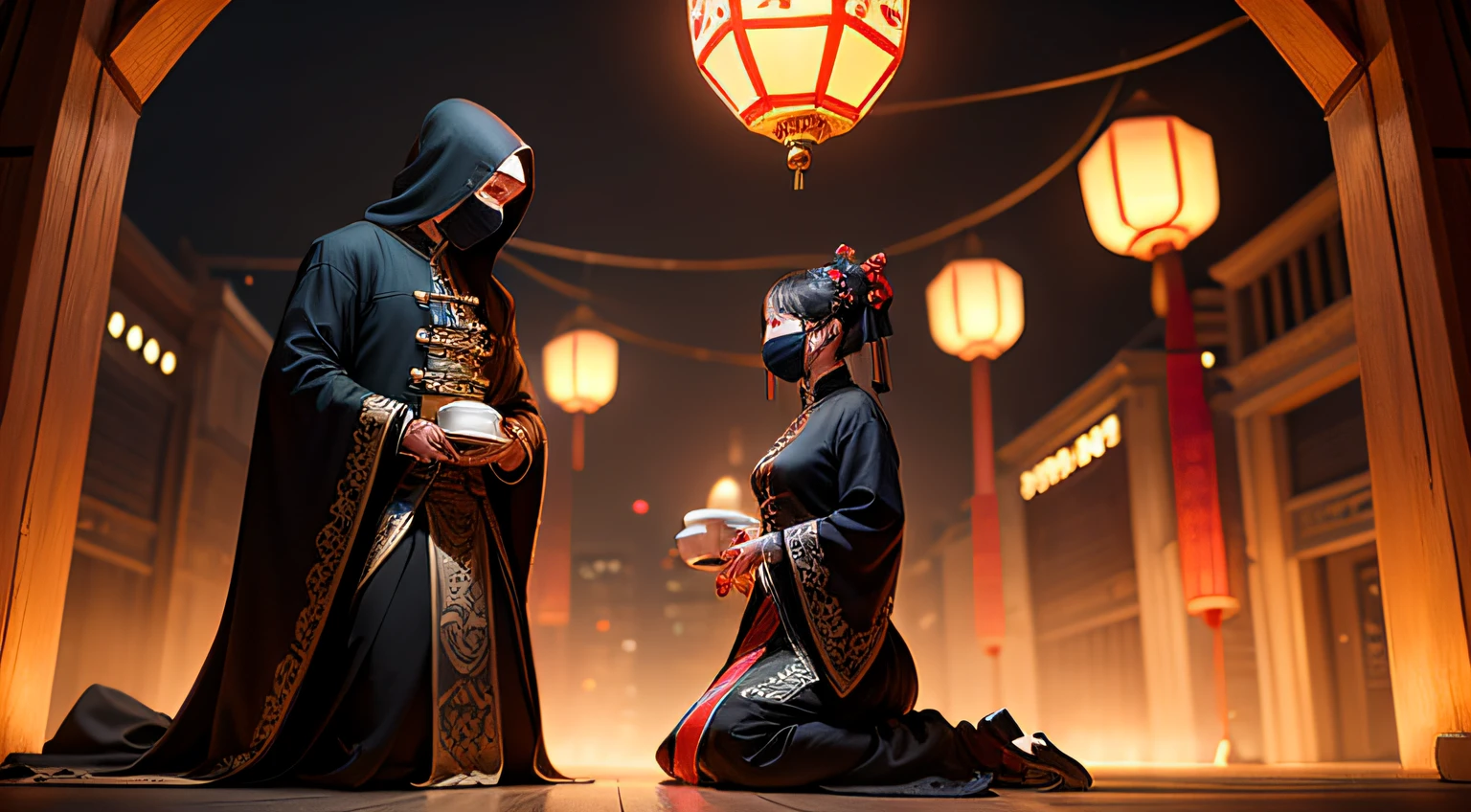 Chinese Qing dynasty architecture, Chinese Qing dynasty officials and soldiers, kneeling woman with face wrapped in black cloth, night, red lantern --auto