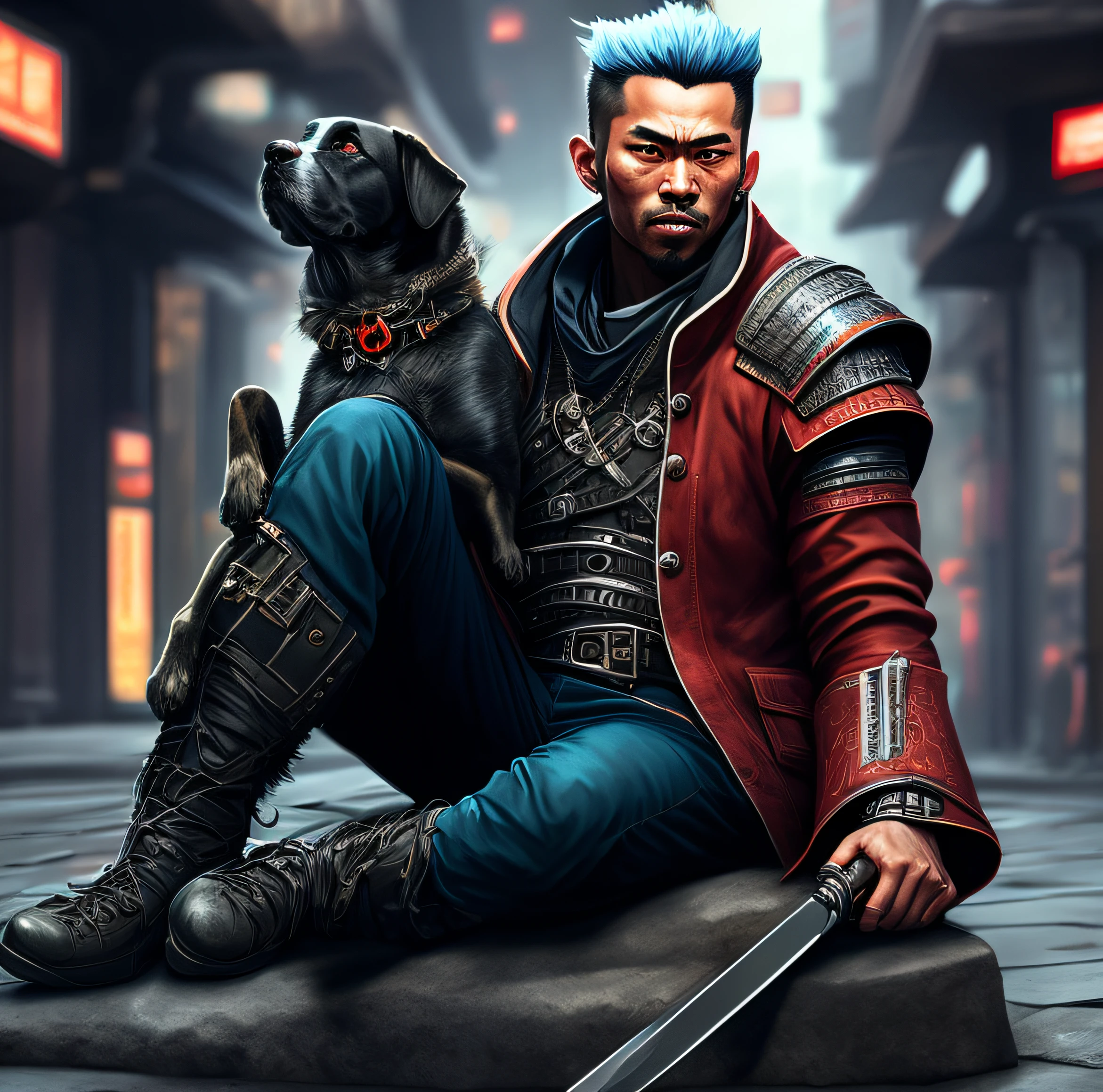 Arafed dog in a leather outfit with a sword in a city, cyberpunk samurai, urban samurai, portrait of a cyberpunk samurai, very beautiful cyberpunk samurai, badass anime 8 k, street samurai, wojtek fus, cyberpunk street goon, in cyberpunk style, super - realistic cyberpunk style, cyberpunk art style, cyberpunk style, buzzer style, cyberpunk city, sitting a man with thick blood on his clothes and a technological weapon in his hand