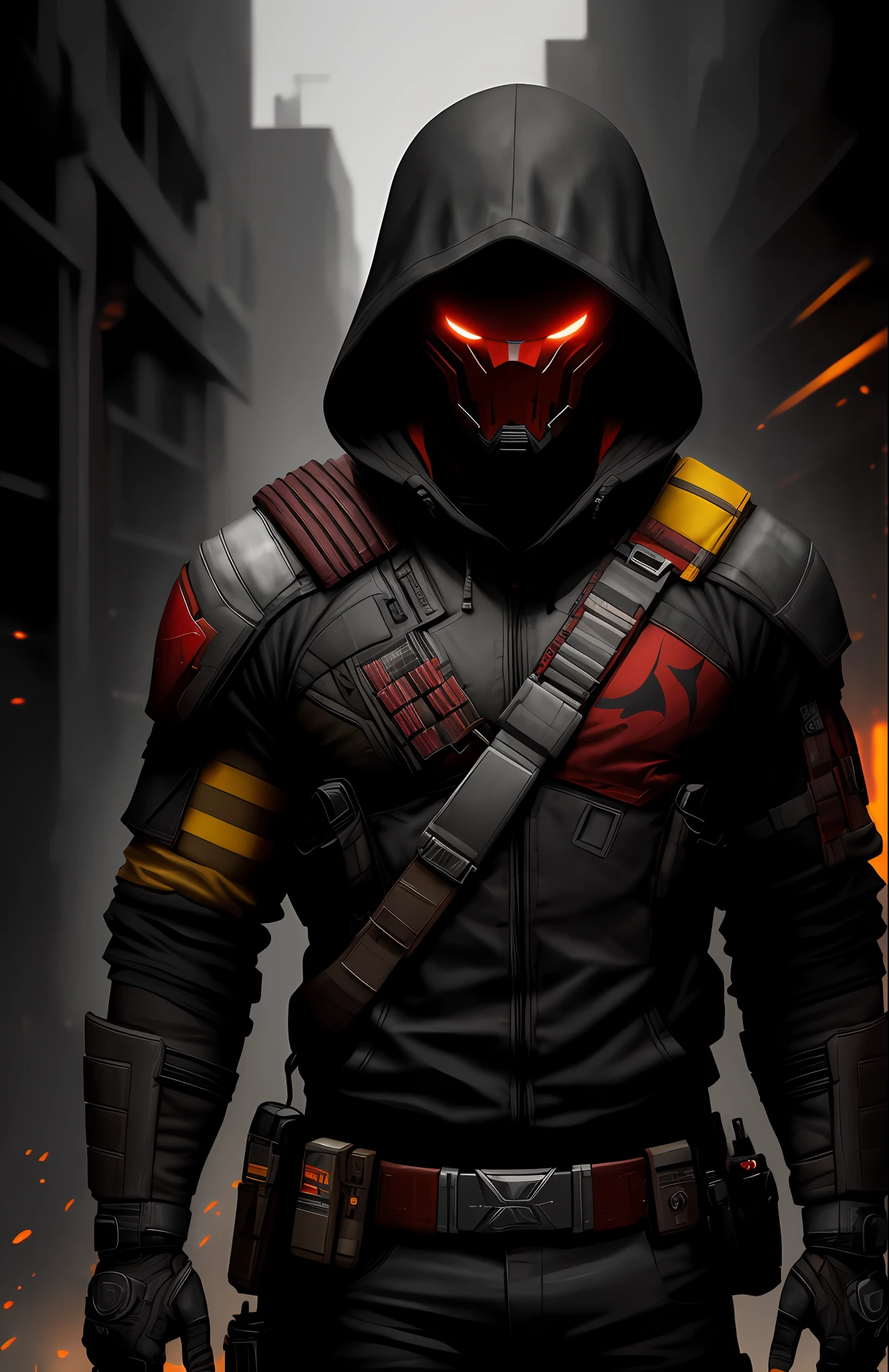 (dark shot: 1.1), epic realistic, Red Hood from DC, yellow gradient, black, brown and magenta color scheme, grunge aesthetics!!! graffiti tag wall background, art by Greg Rutkowski and artgerm, soft cinematic light, Adobe Lightroom, darkroom, HDR, intricate, highly detailed, (depth of field: 1.4), faded, (neutral colors: 1.2), (hdr: 1.4), (muted colors: 1.2), hyper-detail (artstation: 1.4), cinematic, warm light, dramatic light (complex details: 1.1)