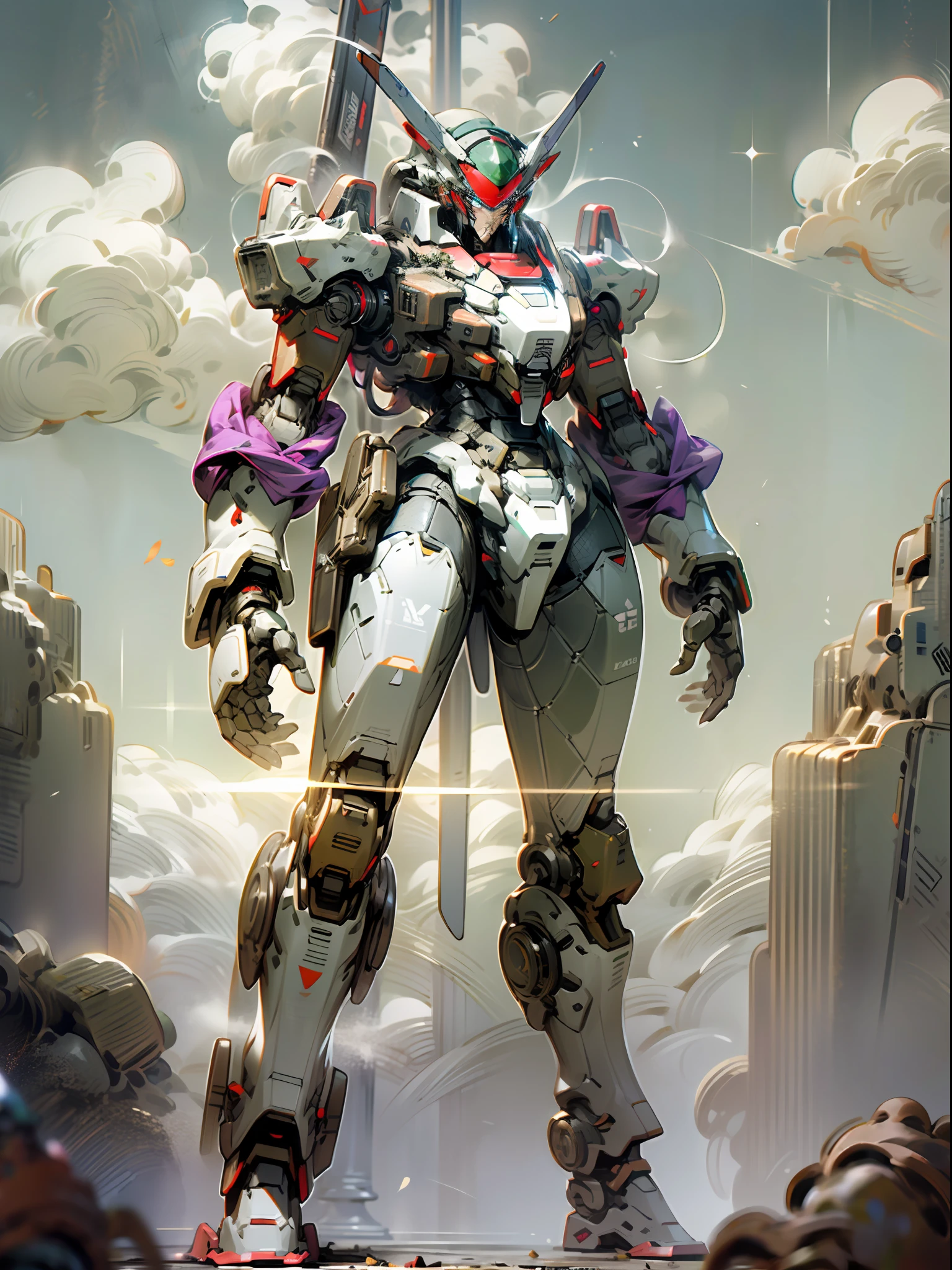 ((Best Quality)), ((Masterpiece), (Very detailed: 1.3), 8K, cool painting, full of sci-fi, red mech holding submachine gun, Standing in the desert staring at the camera, streamlined red armor, full body purple red, complex weapons and equipment, Gundam humanoid mech, anime mech aesthetics, perfect body proportions, heads-up view, standing posture, military giant mech, missiles, rocks, futuristic technology, realism, dark war background, ray tracing, light particles, NVIDIA Trtx, Super Resolution, Unreal 5, Subsurface Scattering, Specular and Albedo Maps, Rule of Thirds, Large Aperture, Battle Stance, 8K Raw Data, High Efficiency Subpixels, Subpixel Convolution, Light Particle, Light Scattering, Tyndall Effect, Ray Tracing.