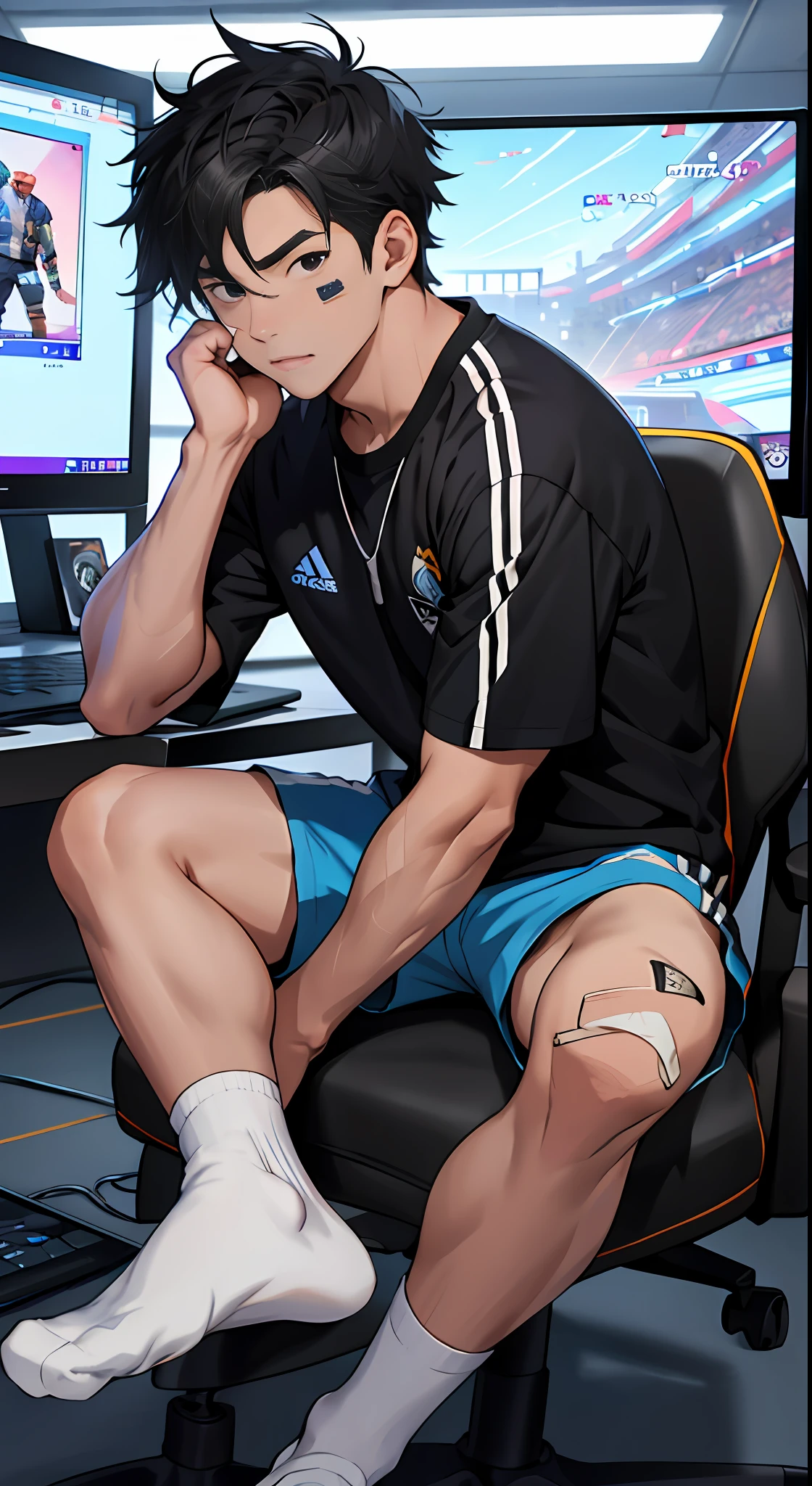 (Best quality: 1.0), 8K, anime boy, round face, short black hair, black eyes, sitting in front of a computer playing a game, background in the esports room, facing the camera, blue shorts, white socks, AJ shoes, shy, face with band-aid,