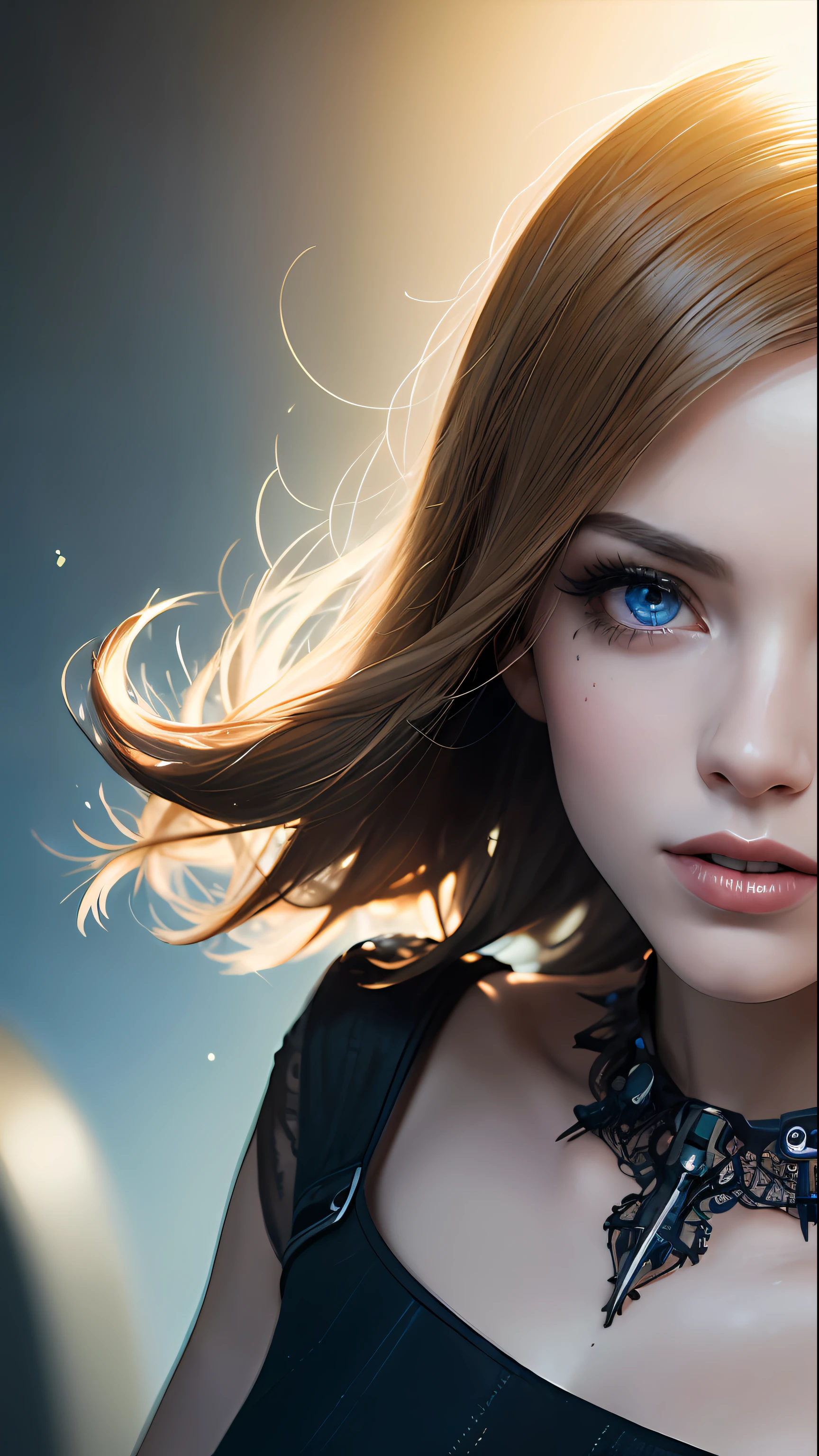 (skindentation:1.5), realistic, realistic, (masterpiece:1.5), concept art, intricate detail, highly detailed, realistic, octane rendering, 8k, unreal engine, dynamic pose, best quality, high resolution, (realistic face:1.1), (hyperrealism:1.1), ((full_body)), perfect eyes, (shiny skin: 1.2), (((hairstyle))), (((perfect hand)) ), (Very detailed background), ((Dynamic background) ), ((Sun)), (Light), ((1girl)), Handsome, Robot (((Shiny mechanical shape))), ((Detailed eyes, High quality eyes, High quality face)), (Extremely complex dress), Short blonde hair, sun, sunlight, ((dramatic)), Epic, Depth of field, Bokeh, 4k, Gothic, Ash, Particle