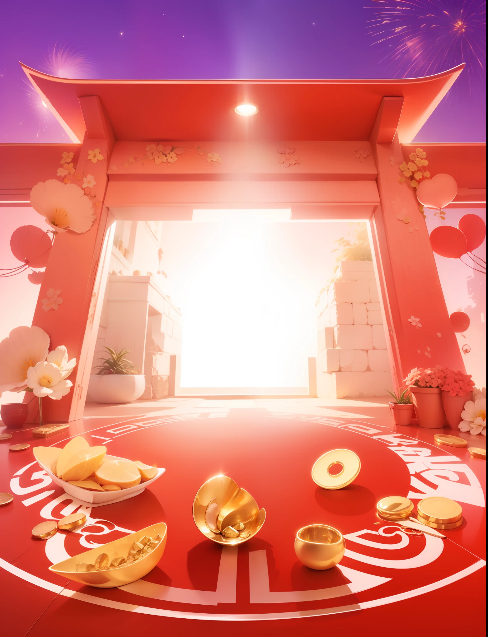 National style, super texture, a very dazzling light in the background, a few gold ingots in front, an open door in the back, and the overall warmth tone