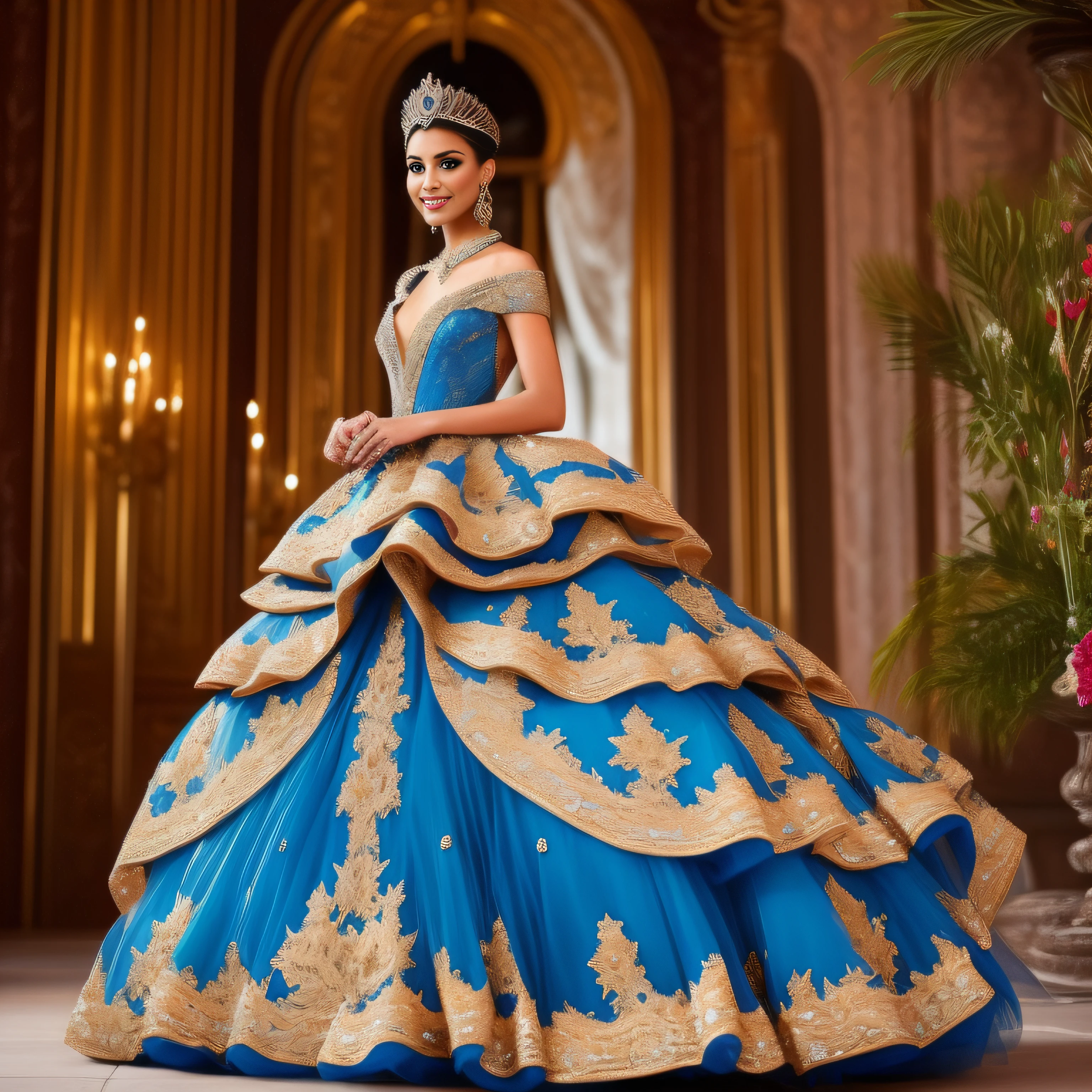 beautiful hispanic woman in a blue and gold haute couture dress with no sleeves and tulle skirt with ruffles, rhinestones and embroidery walking on the runway , ((a beautiful fantasy empress)), beautiful female princess, royal elegant pose, royal dress, ornate royal gown, beautiful princess, royal gown, princess portrait,