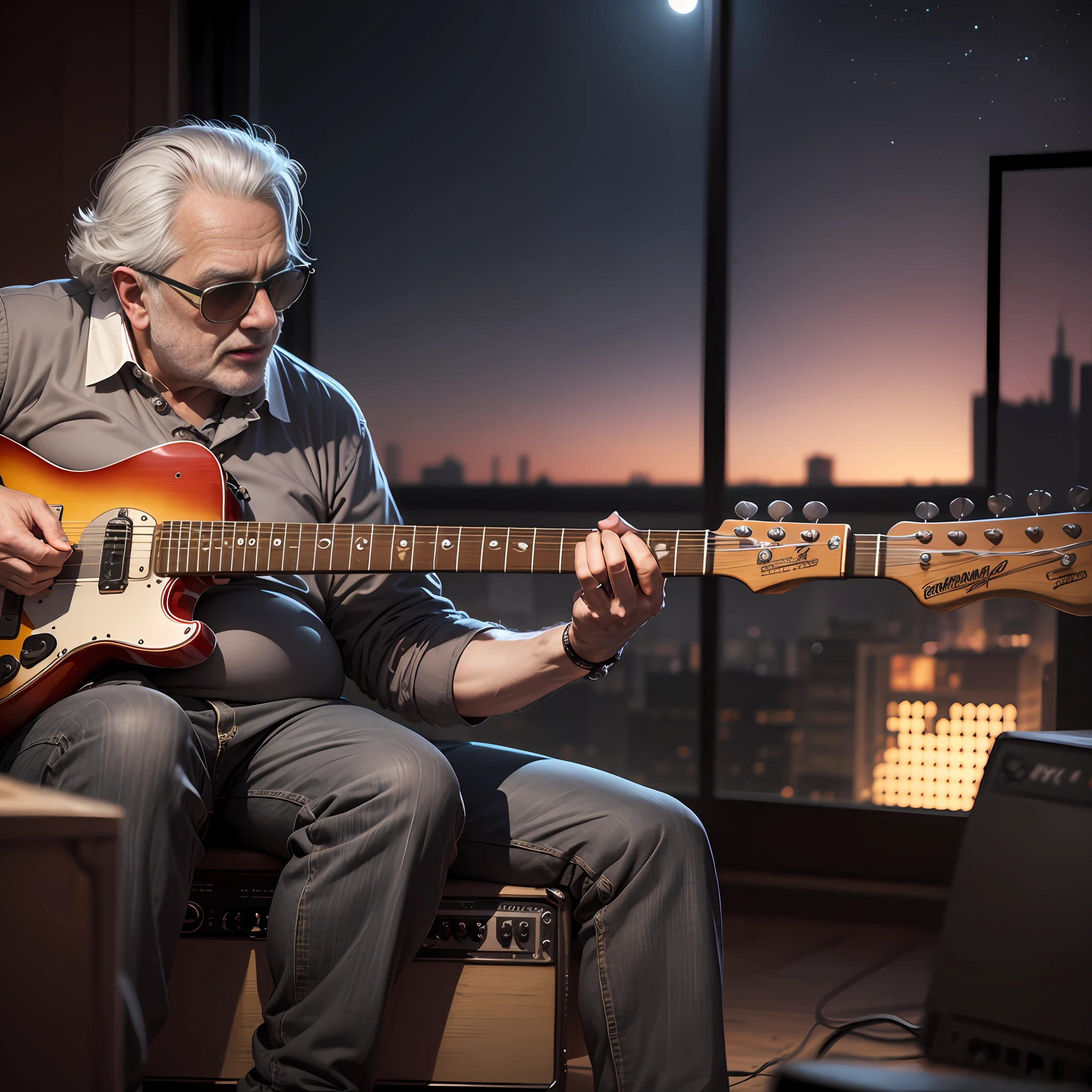 Best Quality, 4K, 8K, Correct Description, Accurate Musical Instruments, 60s, Male, Grey Haired, Sunglasses, Fat, Playing Guitar, Working on PC, Rumbling in the Night, Fender, Telecaster
