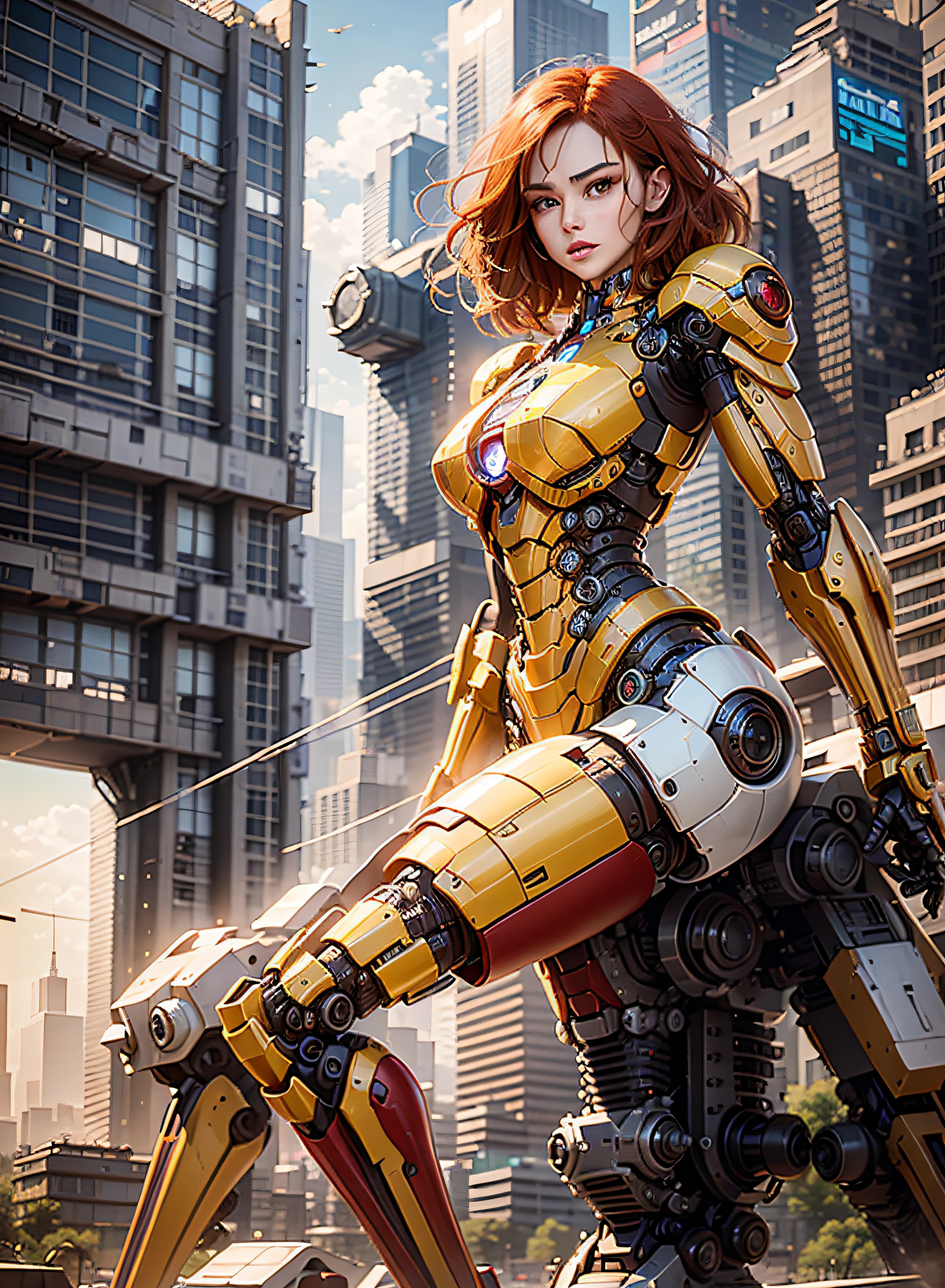 RAW, masterpiece, ultra thin photo, best quality, ultra high resolution, photorealistic 8K, sunlight, full body portrait, incredibly beautiful, dynamic poses, sexy, delicate face, vibrant eyes, (red hair), she is using a futuristic Iron Man engine, red and yellow gold color scheme, highly detailed robot factory background, detailed face, detailed and complex busy background,  messy, gorgeous, milky white, highly detailed skin, realistic skin details, visible pores, sharp focus, volumetric mist, 8k uhd, dslr camera, high quality, film grain, fair skin, photorealism, lomography, expanding metropolis in futuristic dystopia, view from below, translucent, cables connected to robots,