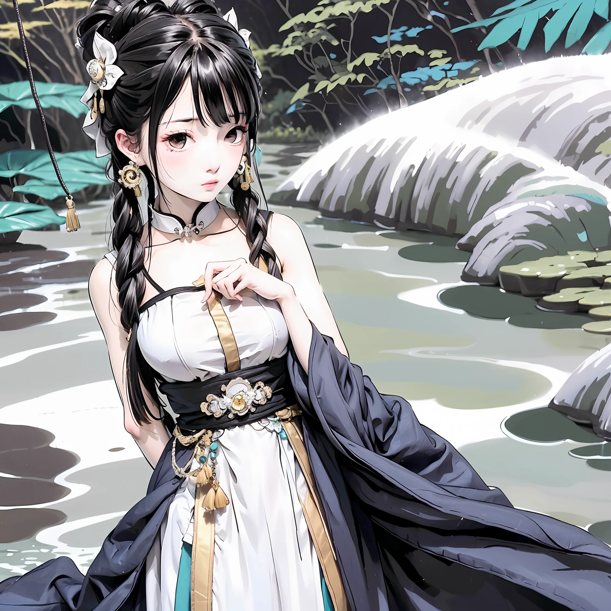 Anime girl in a white dress standing in front of a waterfall - SeaArt AI