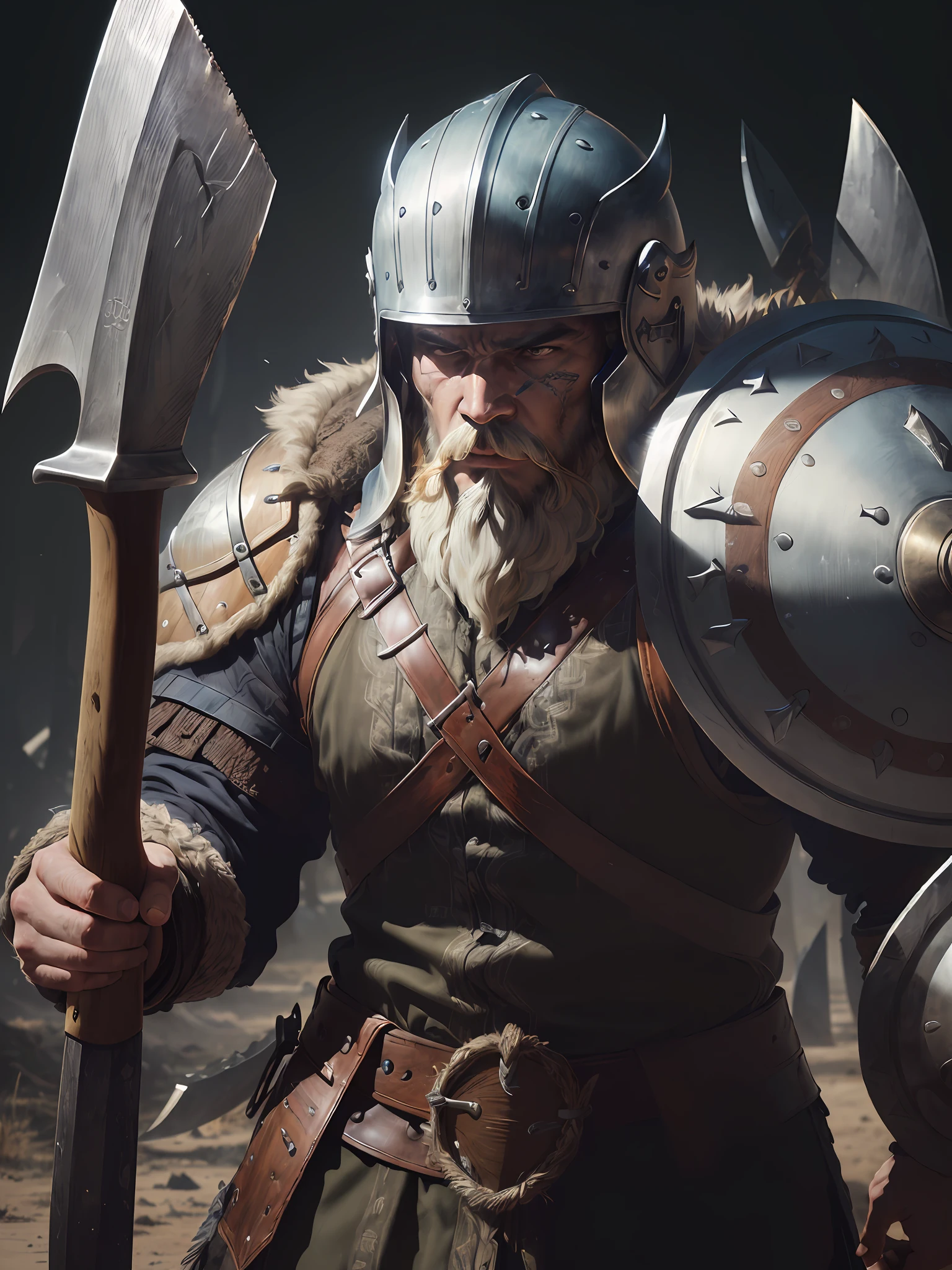 1 African warrior man ((Viking))(beard on the battlefield, wearing Viking armor, athletic (((Detailed helmet)) ((big Axe in hand))the detailed face,(shield) as drop shadow, halftone, vanishing point, diffraction peaks, f/1.8, Nikon, high detail, UHD, masterpiece, best quality, highres, 16k