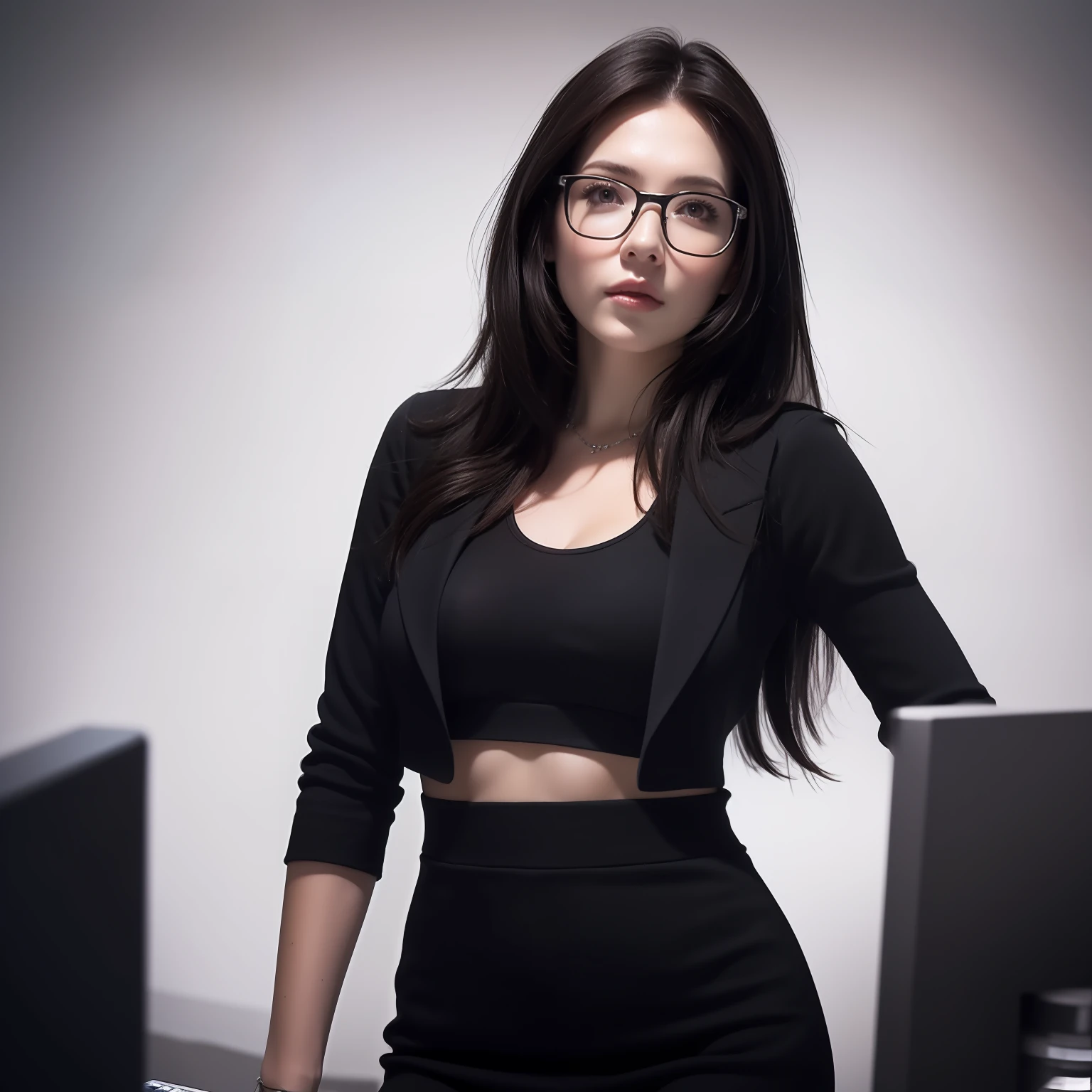 ((Best Quality)), ((Masterpiece)), (High Definition:1.3), 3D, Beautiful (Cyberpunk:1.3) Female hacker with thick voluminous hair Computer terminals, computer servers, LCD screens, fiber optic cables, corporate logos, HDR (high dynamic range), ray tracing, NVIDIA RTX, super resolution, Unreal 5, Subsurface Scattering, PBR Texturing, Post-Processing, Anisotropic Filtering, Depth of Field, Maximum Clarity and Sharpness, Multilayer Textures, Albedo and Specular Maps, Surface Shading, Accurate Simulation of Light-Material Interactions, Perfect Proportions, Octane Rendering, Two-Tone Lighting, Low ISO, white balance, rule of thirds, wide aperture, 8K raw, efficient subpixel, subpixel convolution, luminescent particles, whole body, delicate costume, erotic, soft skin, skirt, glasses