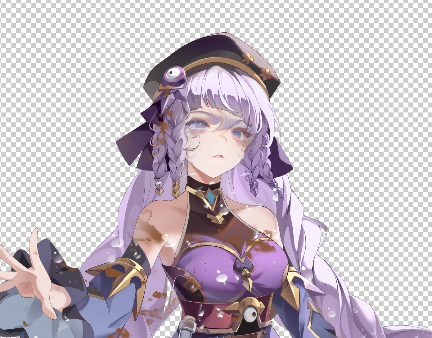 Aggrieved expression, deep purple eyes, with tears