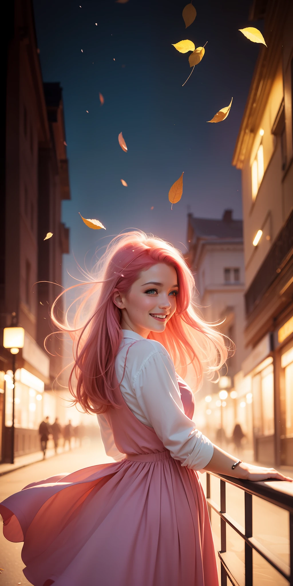 A picture of MSE A beautiful woman,The most beautiful girl by Agnes Cecile, cheerful expression, beautiful pink hair moved by the wind, autumn leaves in the air, dress moved by the wind,luminous design, pastel colors, ink drops, autumn lights,