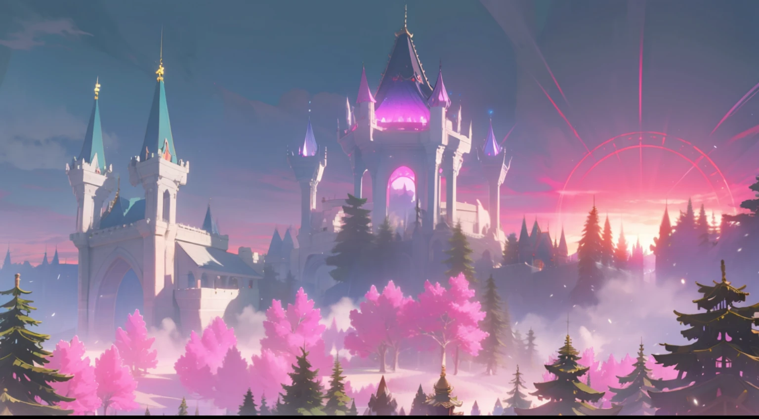 Pink forest and white castle, dream sky, fantasy, HD quality, 8K resolution