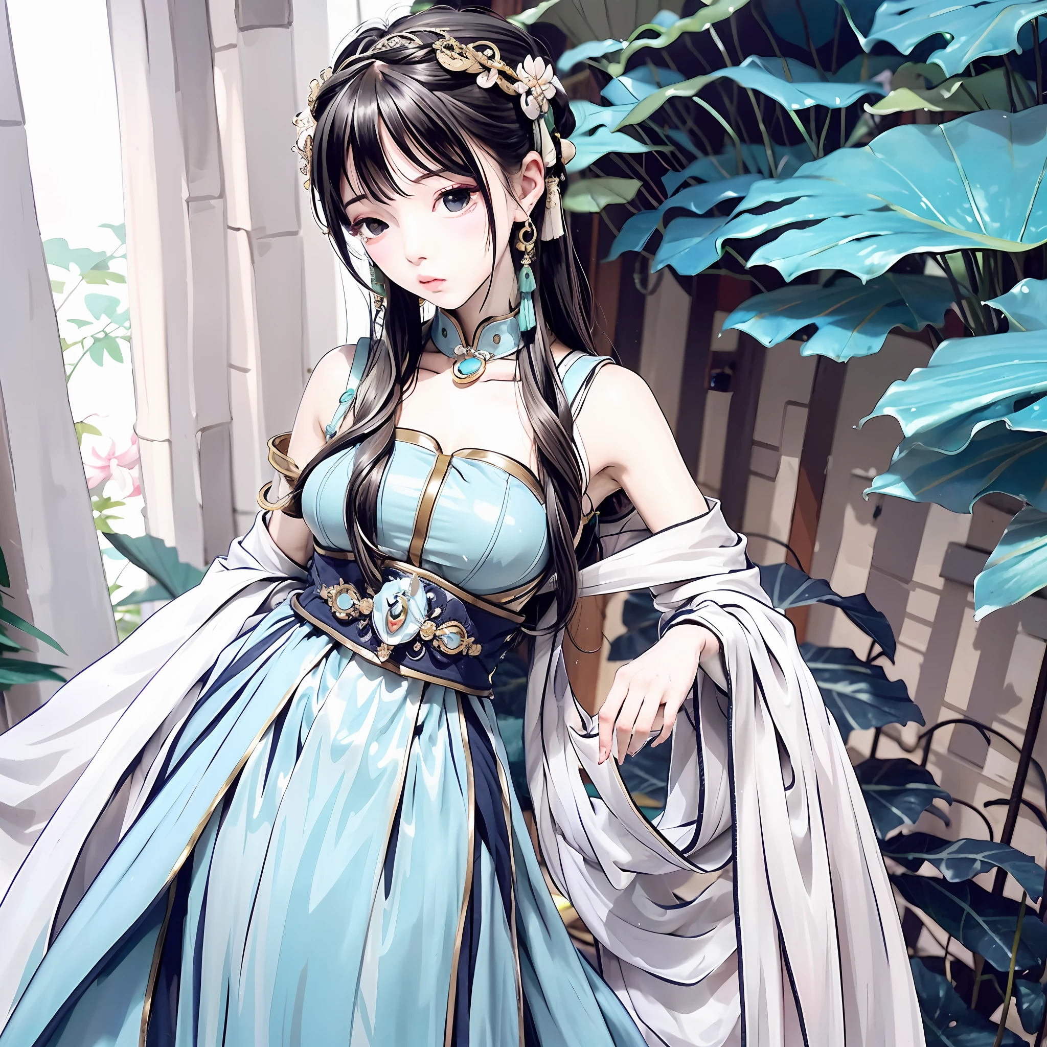 Long inky hair is coiled, and a cyan hairband embroidered with bamboo leaf patterns is tied in the coiled hair
Wearing a white undershirt, a slanted collar, and a dark robe, the hem is silver cloud dark pattern
The waist is tied with a drapery, and it is tied with a ring-shaped lotus jade pendant
A man with a bandage wrapped around his left wrist