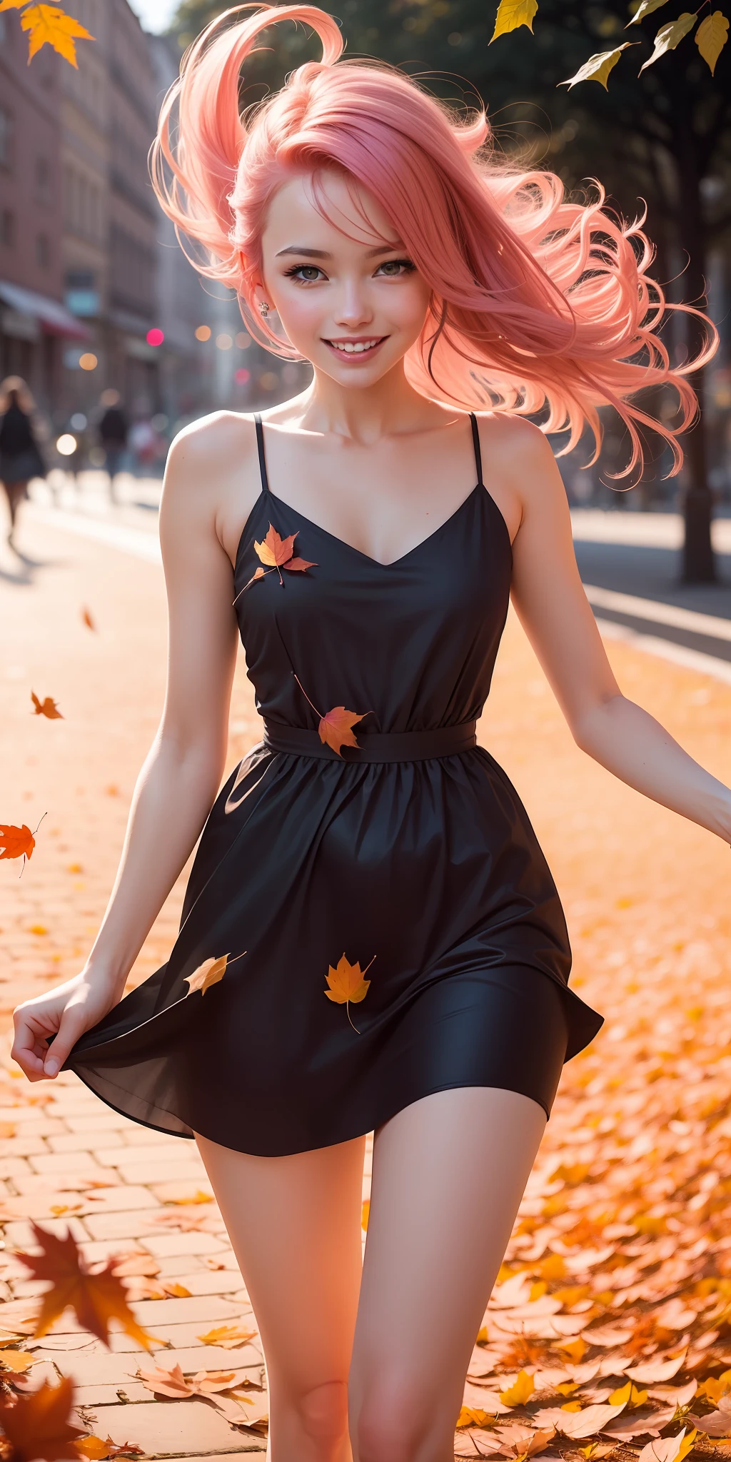 A picture of MSE A beautiful woman,The most beautiful girl by Agnes Cecile, cheerful expression, beautiful pink hair moved by the wind, autumn leaves in the air, dress moved by the wind,luminous design, pastel colors, ink drops, autumn lights,