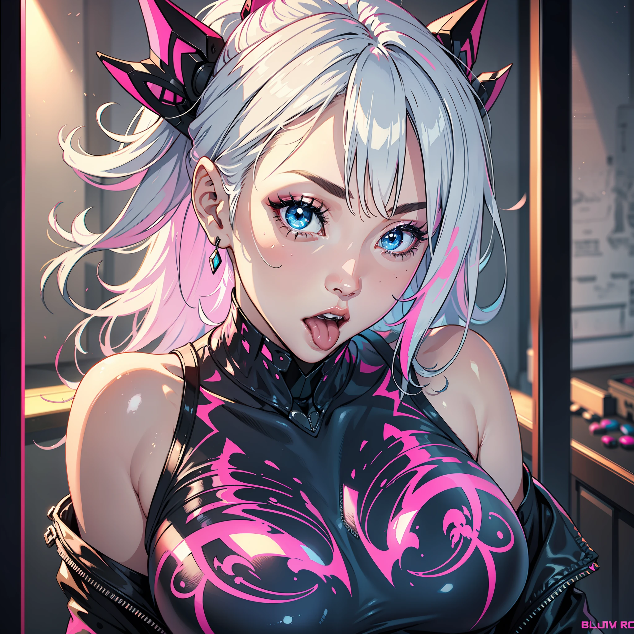 The gaming room has 1 beautiful girl, blue eyes, pink lips, sexy body, white skin, tongue sticking out