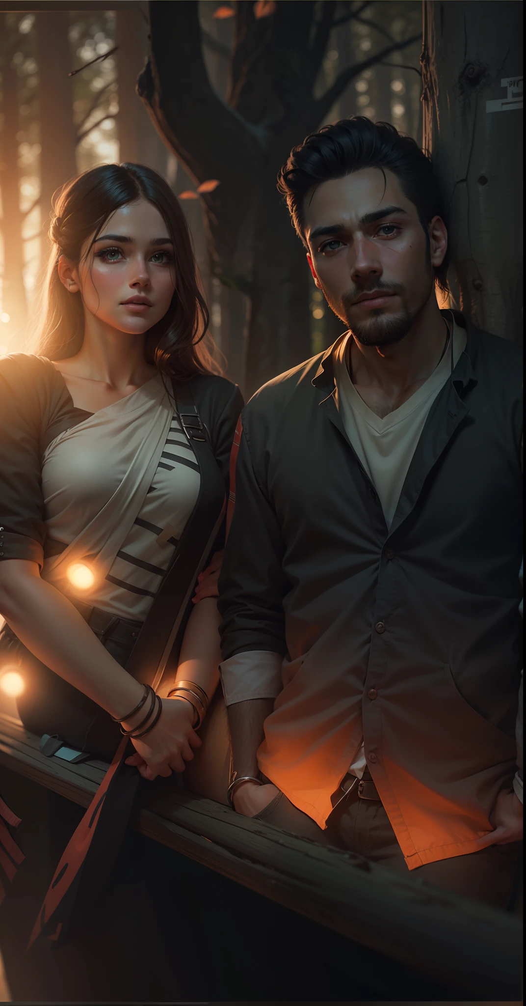 A beautiful face in the forest, sunset, dark theme, 4k, ultra quality, ultra detailed, photography, realism