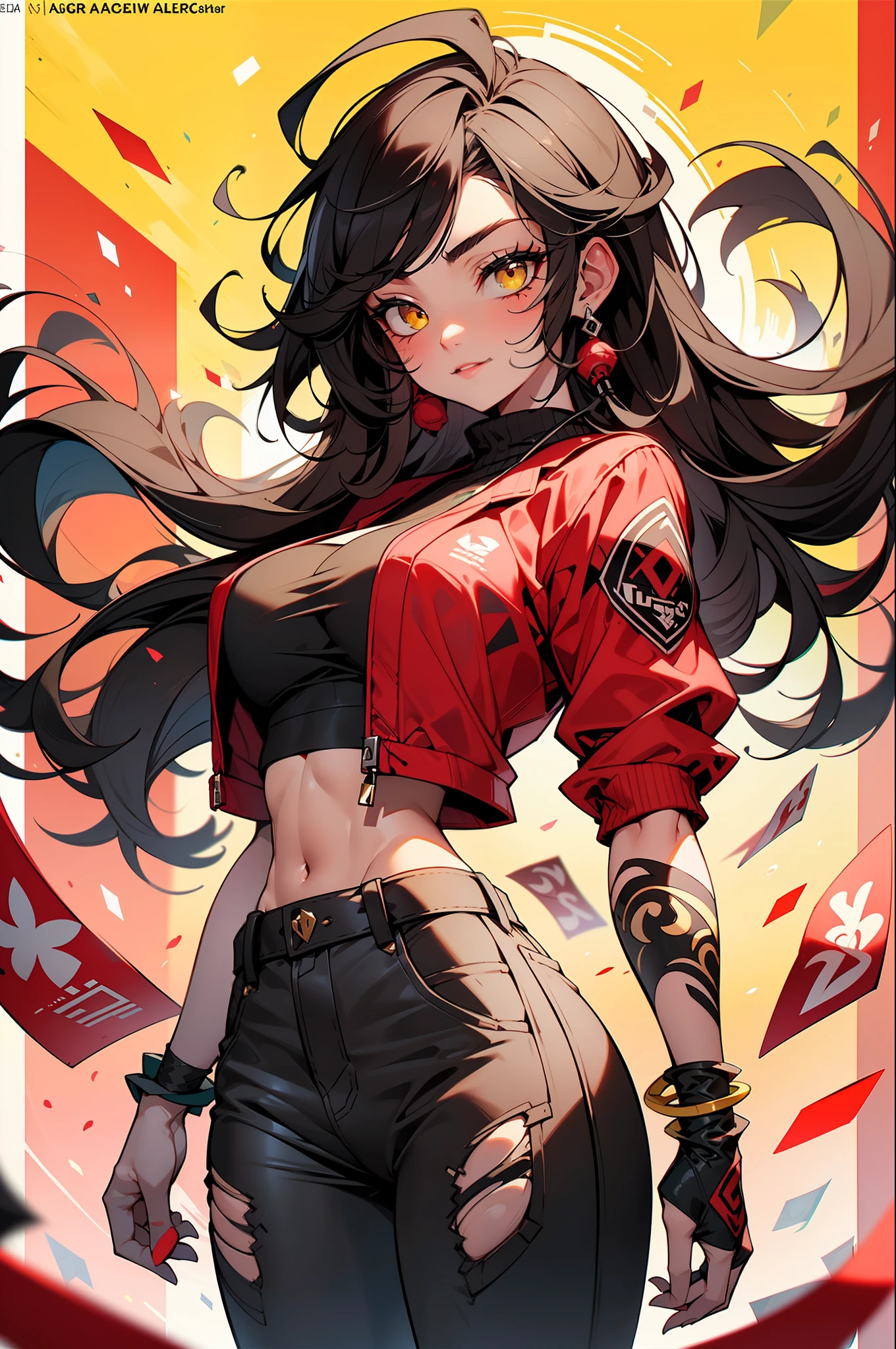 background, mixed-language_text, Japanese letters in graffit, ashley alexiss beautiful woman, long black hair, excellent lighting, sidelighting, perfect ultimate (flat color pink bubblegum gradient: 1.3), (magazine_cover: 1.4), (multicolored_background: 1.3), striped_background, card_background, :: discs with sharp and shiny blades in hand :: circular pieces of white metals glued to the ultra detailed arms coming out sparkling glow, black star design stamped in the middle of the t-shirt, perfect and detailed sculptural body, ultra detailed shirt with abstract design and with Japanese letter print in grafit of the sides of the clothing, worn jeans, big breast, with immersive effects, hover effect, background graffiti style flowers with flowers and vibrant colors, "ultra" hdr detailed and with focus effect, (masterpiece: 1.2, best quality), (beautiful emerald yellow eyes with huge finely detailed eyelashes: 1.2), , ((Solo)), (Finely detailed eyes and detailed face:1.3),beautiful ultra-detailed eyes, lineart light smile, graffiti and tattoo style backdrop, woman, alone. midriff, skintight bodysuit with detailed tattoo-style print, ultra-detailed red gradient leather jacket, hot thighs, black skintight pants with ultra-detailed white and pink detailing, large breasts, ultra-detailed bracelets on arms, , bracelet on right arm with ultra bright red energy, https://produto.mercadolivre.com.br/MLB-3749803102-camiseta-anime-desenho-geek-manga-ilustraco-nerd-unissex-_JM