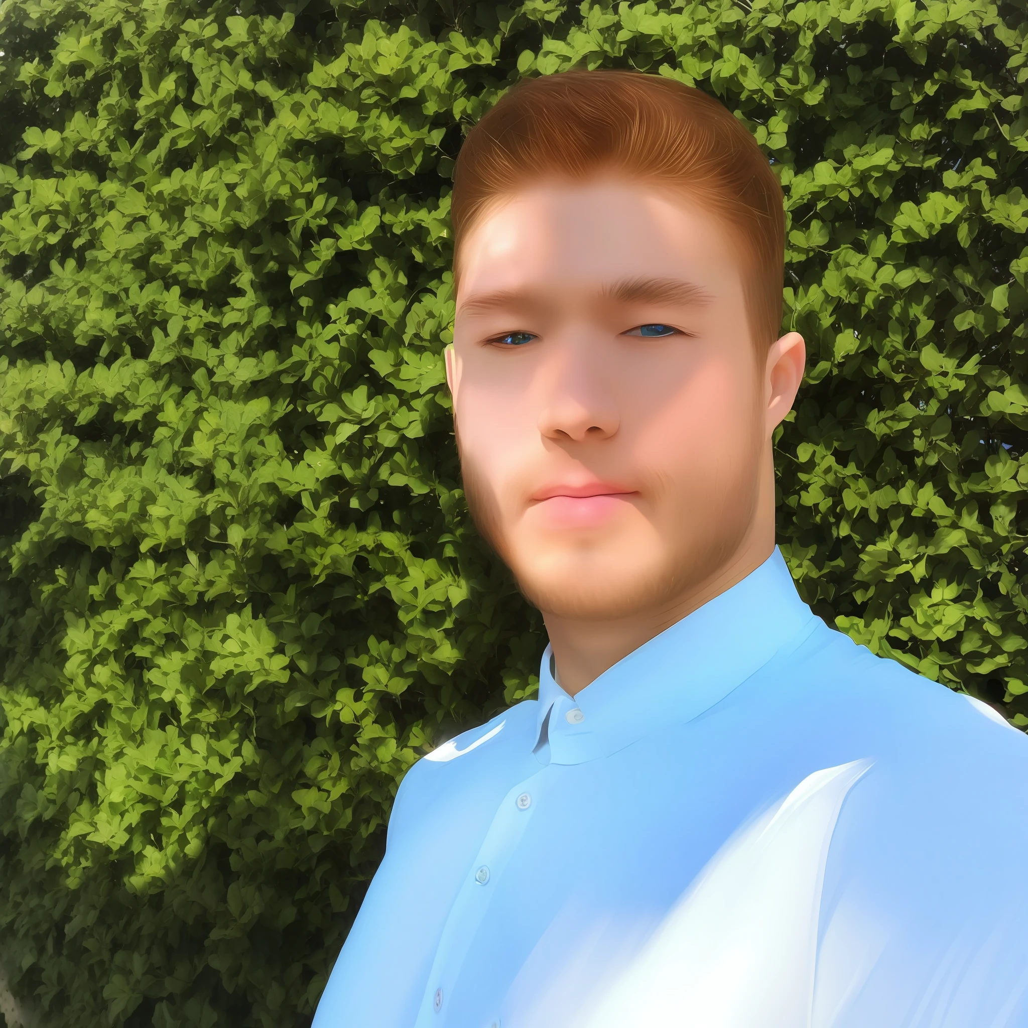 a bright white skinned ginger man with with blue eyes wearing a shirt is standing in front of a wall with a tree shadow