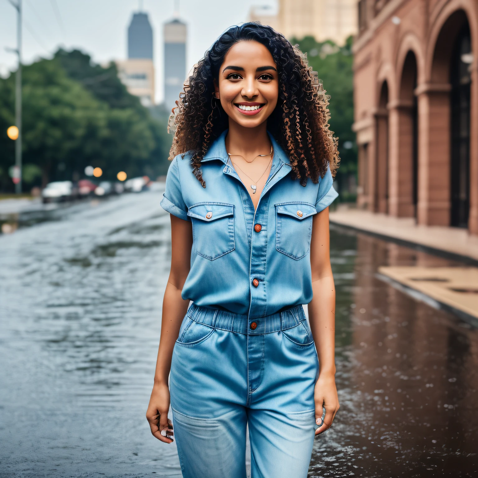 gorgeous smiling latina woman with wavy hair detailed alluring eyes Thigh gap long sexy legs wearing mechanic jumpsuit dirty tshirt in beautiful Atlanta+ city, mist, wet, raining, best quality masterpiece, photorealistic, detailed, 8k, HDR, shallow depth of field, broad light, high contrast, backlighting, bloom, light sparkles, chromatic aberration, sharp focus, RAW color photo --auto