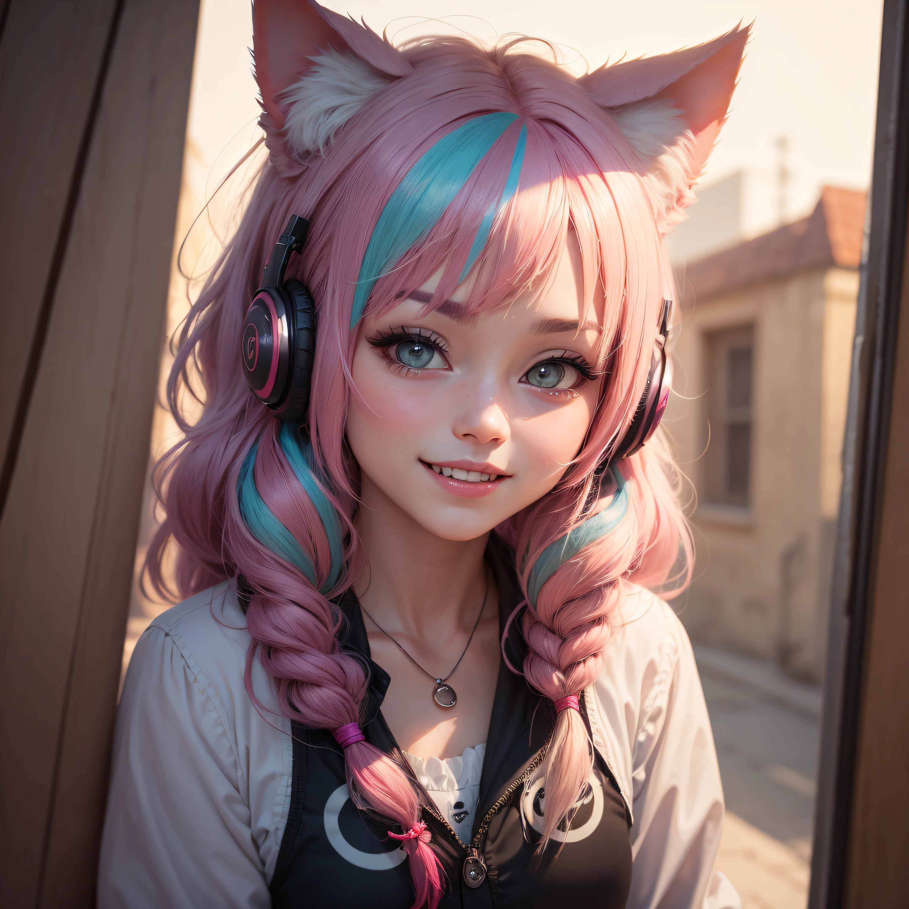 hair bobbles, wince, longeyelashes, solid circle eyes, fake animal ears, light smile, ear blush, fang, streaked hair, multicolored hair, heart-shaped pupils, cat ear headphones, full blush, Surrealism, drop shadow, anaglyph, stereogram, tachi-e, pov, atmospheric perspective, 8k, super detail, ccurate, best quality --auto