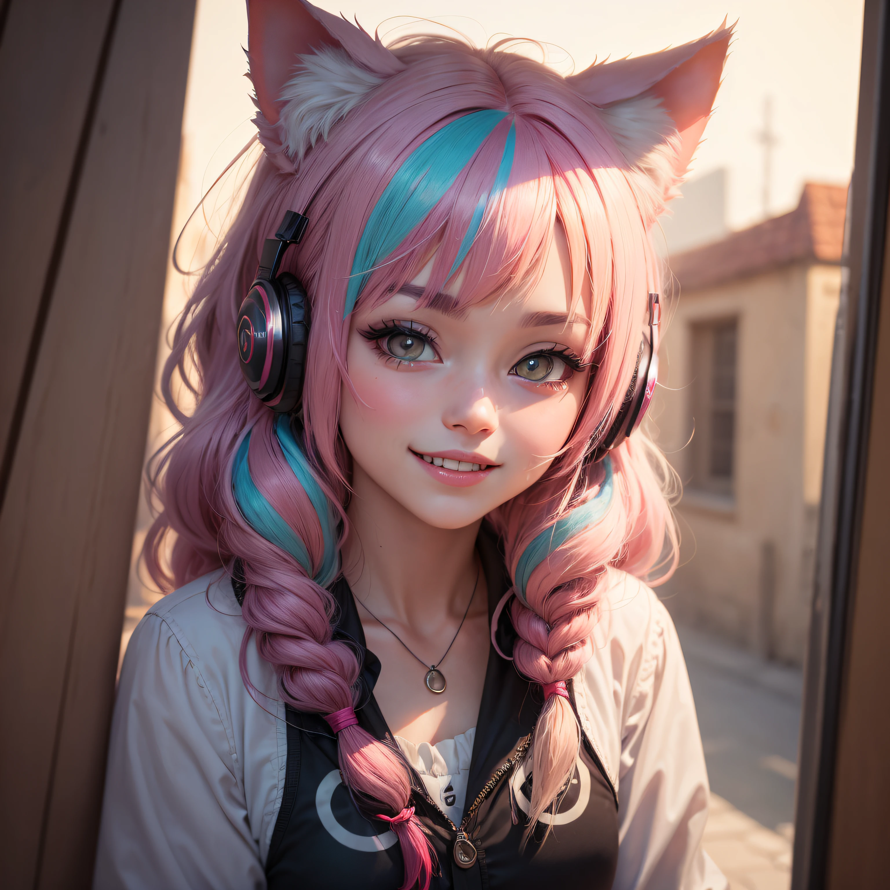 hair bobbles, wince, longeyelashes, solid circle eyes, fake animal ears, light smile, ear blush, fang, streaked hair, multicolored hair, heart-shaped pupils, cat ear headphones, full blush, Surrealism, drop shadow, anaglyph, stereogram, tachi-e, pov, atmospheric perspective, 8k, super detail, ccurate, best quality --auto