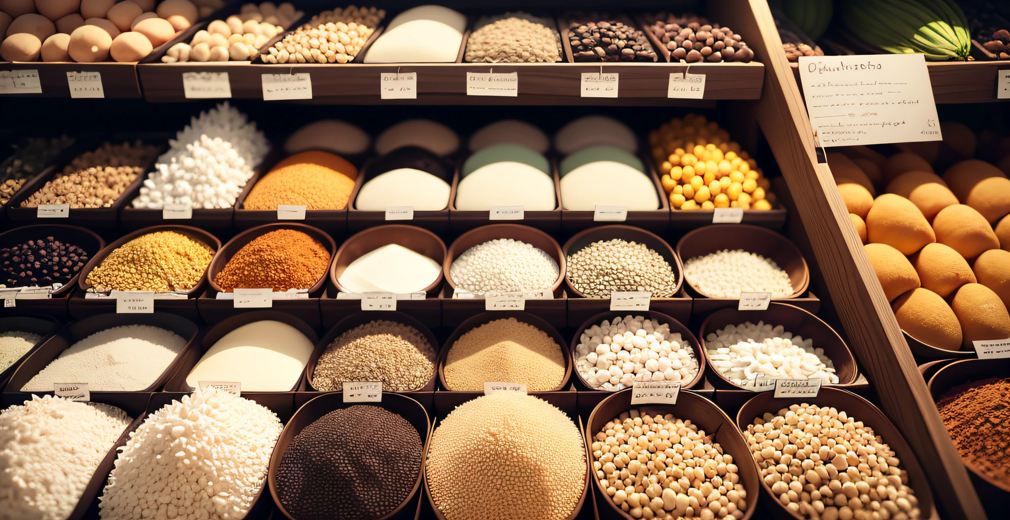 Imagine a scene in a grocery store where a variety of food items are on display. The main focus is on a section filled with mineral grains, rice, spices, and beans, all arranged neatly on the shelves. The lighting is soft, casting a gentle glow on the food items and highlighting their textures and colors against a dark background. --auto