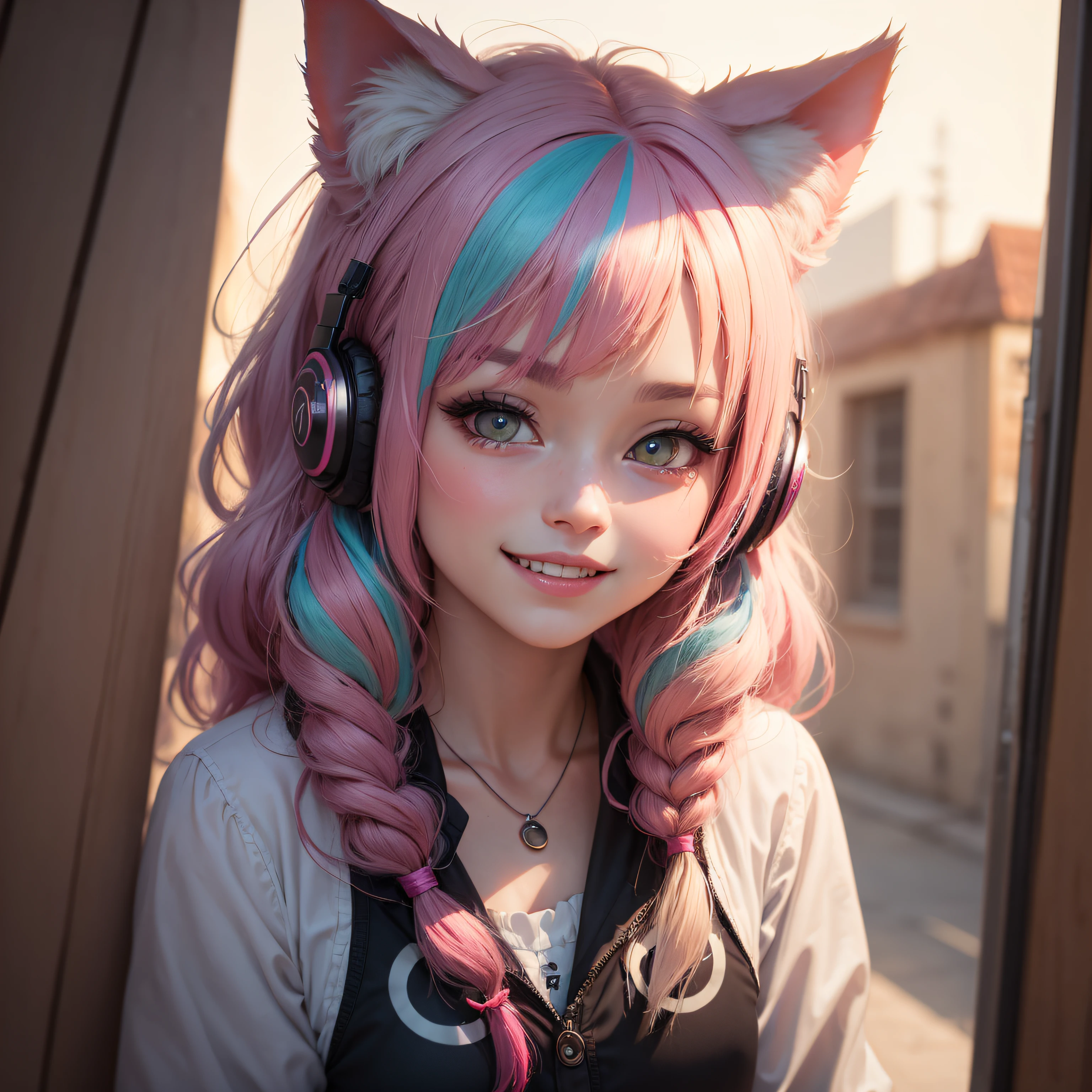 hair bobbles, wince, longeyelashes, solid circle eyes, fake animal ears, light smile, ear blush, fang, streaked hair, multicolored hair, heart-shaped pupils, cat ear headphones, full blush, Surrealism, drop shadow, anaglyph, stereogram, tachi-e, pov, atmospheric perspective, 8k, super detail, ccurate, best quality --auto