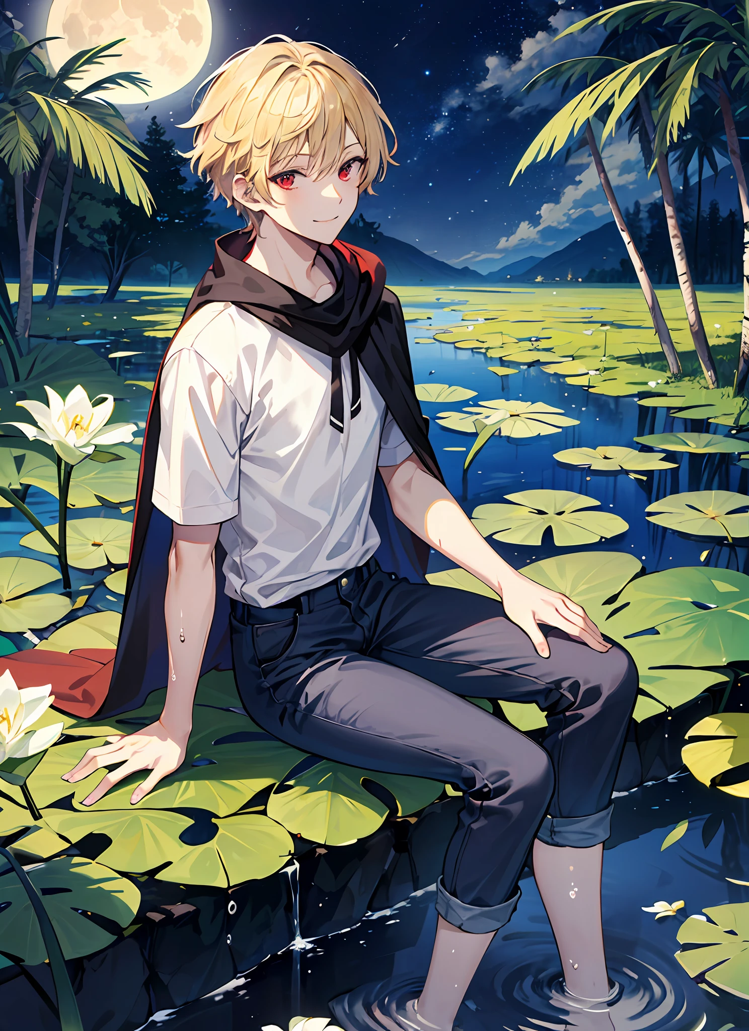 full_moon, leaf, moon, 1guy, handsome man, night, lily_pad, tanzaku, soaking_feet, vine, solo, outdoor, tree, very short hair, wet, flower, smile, pants, lily_of_the_valley, sky, blue_butterfly, looking_at_viewer, palm_leaf, casual clothing, ((masterpiece, Best quality)), beautiful delicate eyes, beautiful detail face, red eyes, blond hair, black cape, handsome