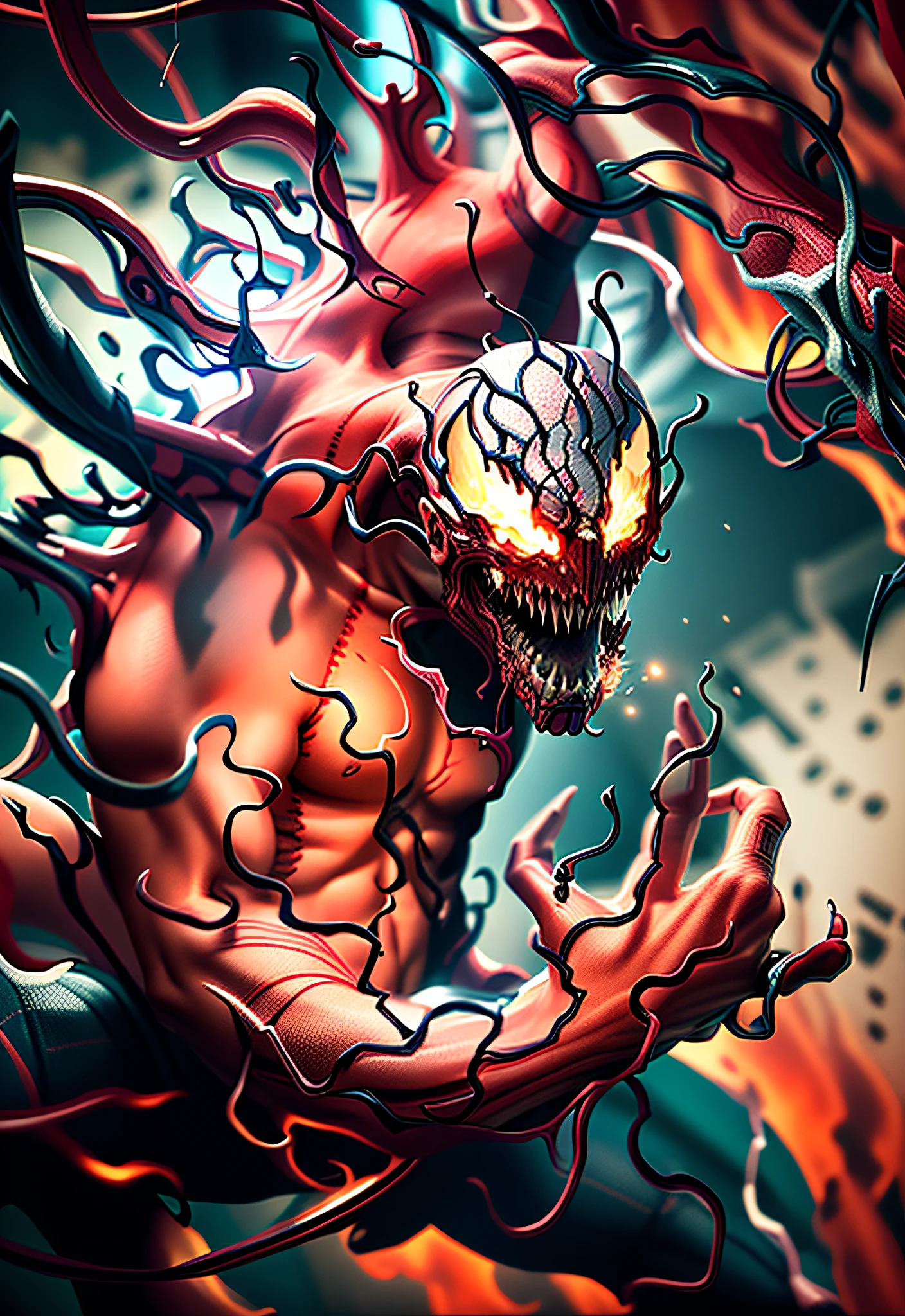 photorealistic portrait, carnage from marvel, HD 8K, Best quality, burned, super detailed, warm light, 3D, scary in the town