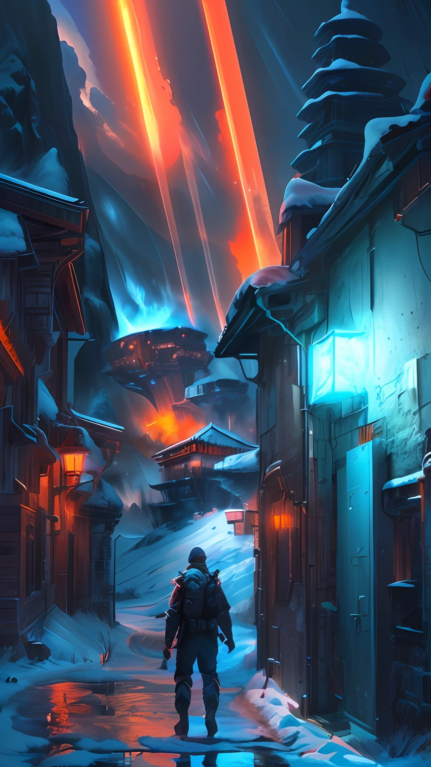 Back, snowy mountains, sci-fi atmosphere, pillars of light, cinematic sense
