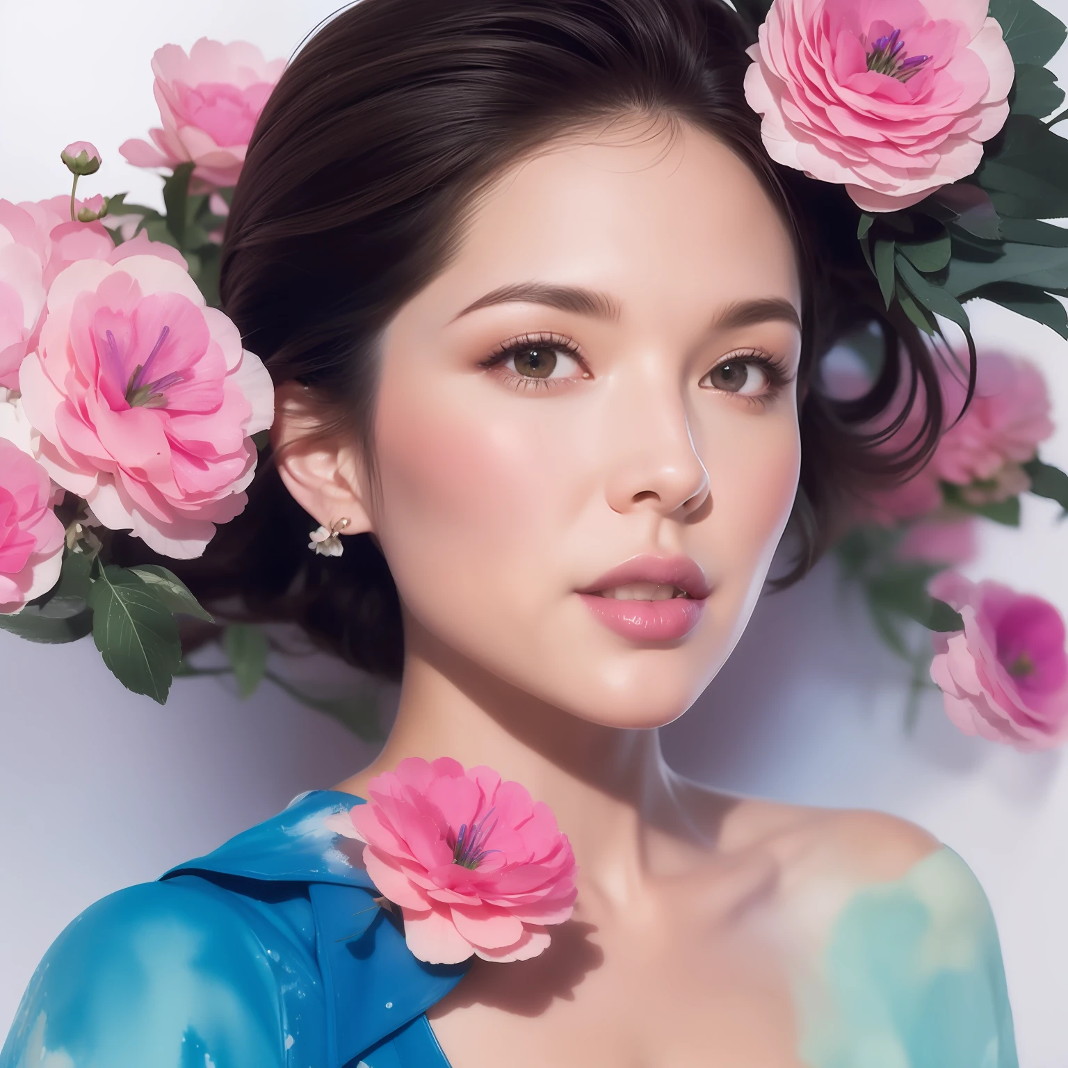 1girl,flower, Lisianthus ,in the style of light pink and light azure, dreamy and romantic compositions, pale pink, ethereal foliage, playful arrangements,fantasy, high contrast, ink strokes, explosions, over exposure, purple and red tone impression , abstract, ((watercolor painting by John Berkey and Jeremy Mann )) brush strokes, negative space,