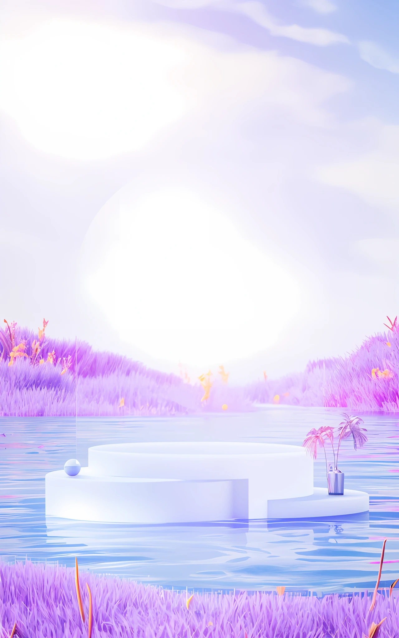 There is a white platform in the center of the technology lake, surreal background, in surreal dream landscape, ethereal background, surreal dream landscape, surreal dream landscape, vapor wave surreal ocean, ethereal landscape, vapor wave wallpaper environment, colorful flat surreal ethereal, surreal 3D rendering, vapor wave sunrise background, dream landscape, paradise planet in the background