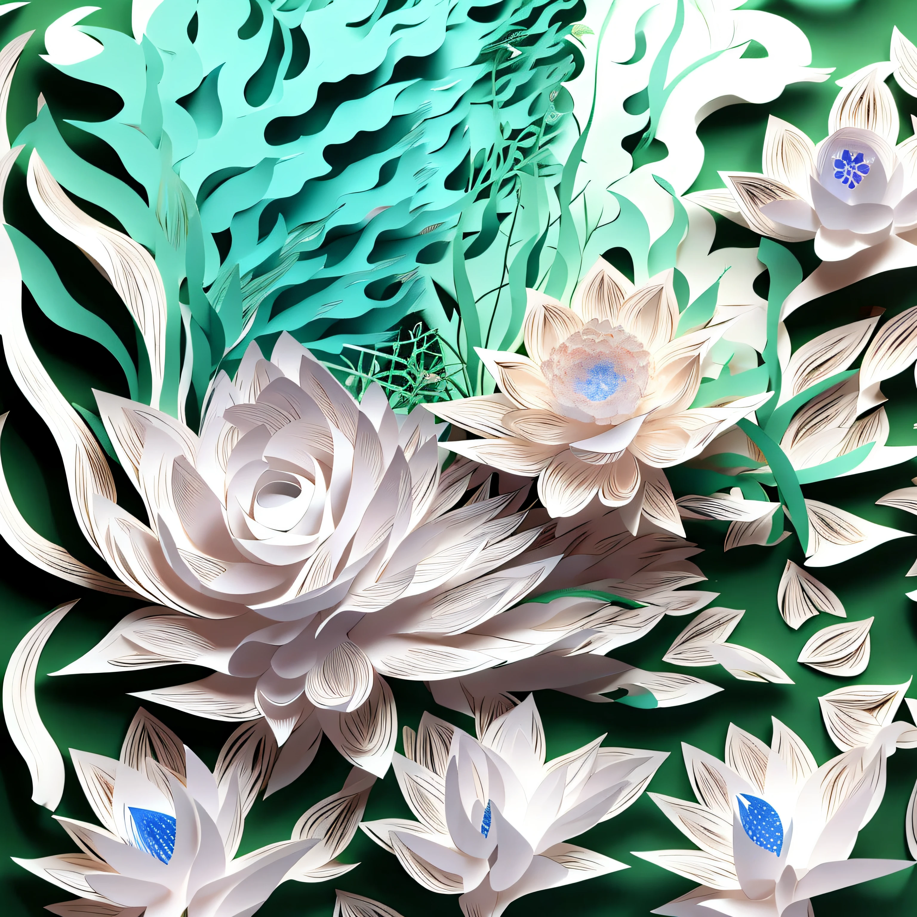 kirigami style, lone white dragon entirely in the foreground surrounded by white flowers, high quality, many details, symmetrical wings, green background, two colors white and green, light and shadow, laser cutting, paper art, bright lighting, masterpiece, flower foreplane, 8K