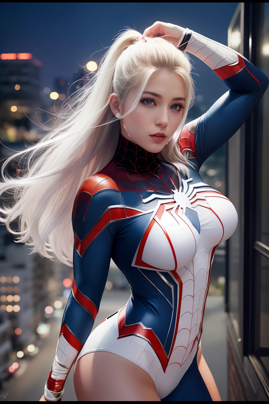 (masterpiece:1.4), (8k, photorealistic, RAW photo, best quality: 1.4), japanese, (1girl), beautiful face, (realistic face:1.4), (white hair, ponytailed long hair:1.3), beautiful hairstyle, beautiful detailed eyes, (best ratio eyes:1.5), attractive, ultra high res, ultra realistic, highly detailed, best ratio, (detailed face:1.4), looking at viewer, red lipsticks, (best ratio fingers:1.5), (White superhero theme, charismatic, there's a girl on top of town, wearing transparent lingerie Spider-Man costume, she's a superhero), [ ((25 years), full body, (realistic blue eyes:1.2), ((Spider-Man pose), show of strength, jumping from one building to another), ((sandy urban environment):0.8)| (cityscape, at night, dynamic lights), (full moon))] # Explanation: The Prompt mainly describes a 4K painting of ultra-high definition, very realistic, very detailed. It shows a superheroine at the top of the city, wearing a Spider-Man costume. The theme in the painting is a white superhero theme, the female protagonist has long white hair, is 25 years old and her entire body is shown in the painting. In terms of portraying the actions of superheroines, spiders are employed, (no bra:1.4), perky_nipples, ((exposed_nipples, exposed breasts, high proportional realistic breasts, realistic big breasts):1.4), (closed mouth:1.4), (camel_toe_pussy:1.4), innie_pussy, spider-man cloak,