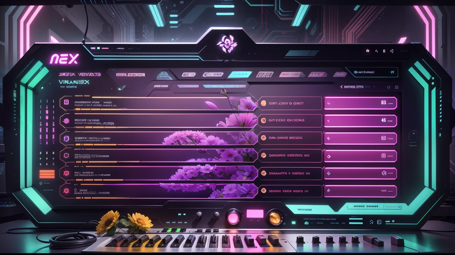 Viintage Sintetizador de Neon, neural, brain, cerebrus, synth braiin, neura brain, neon brain , hacking brain, NEURAL, CODEX, AURA VORTEX, WAVEFORM, BLIZZARD, but flowers, mixed with flowers, accaccia flowerr, accacia neon flower, mixed w synth