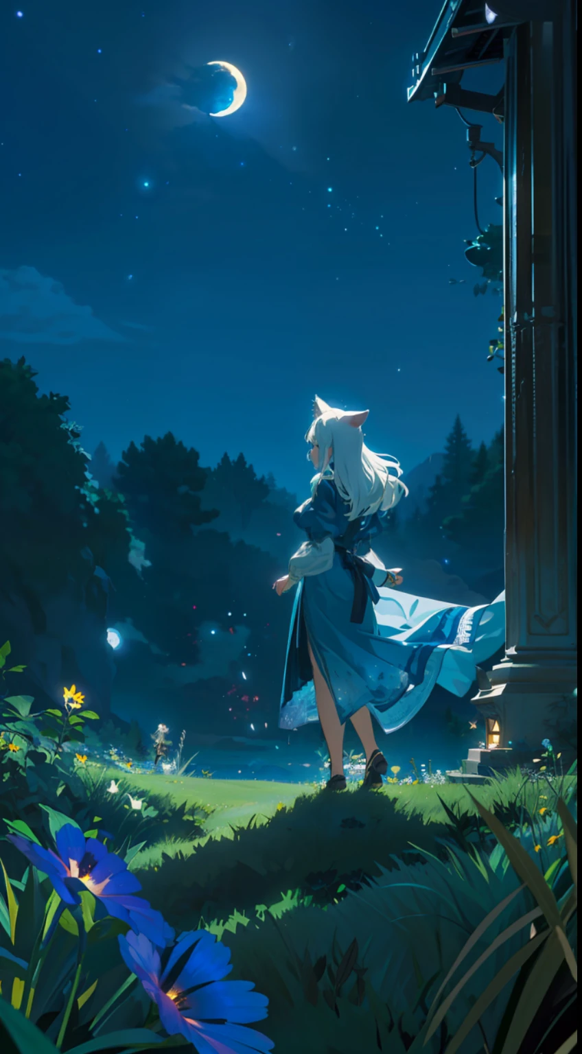 Extensive landscape photo , (above and below looking down), girl standing in flower field looking up, (full moon:1.2), ( shooting stars:0.9), (nebula:1.3), starry sky, white flower field, flower field shining, fantastic flower field, tree , (warm light source:1.2), (firefly:1. 2), lamp, orange and blue mostly fine details, voluminous lighting BREAK (Masterpiece:1.2), (top quality), 4k, super detailed, (dynamic composition:1.4), very fine details, colorful details, ( iridescent:1.2), (glowing lighting, atmospheric lighting), dreamy, fantastic, (solo:1.2), sparkling, glow, petals dancing, white hair, beautiful hair, long hair, cat ears, back view, water effects, soap bubbles, posed, hands are hidden in sleeves, Large lacy sleeves