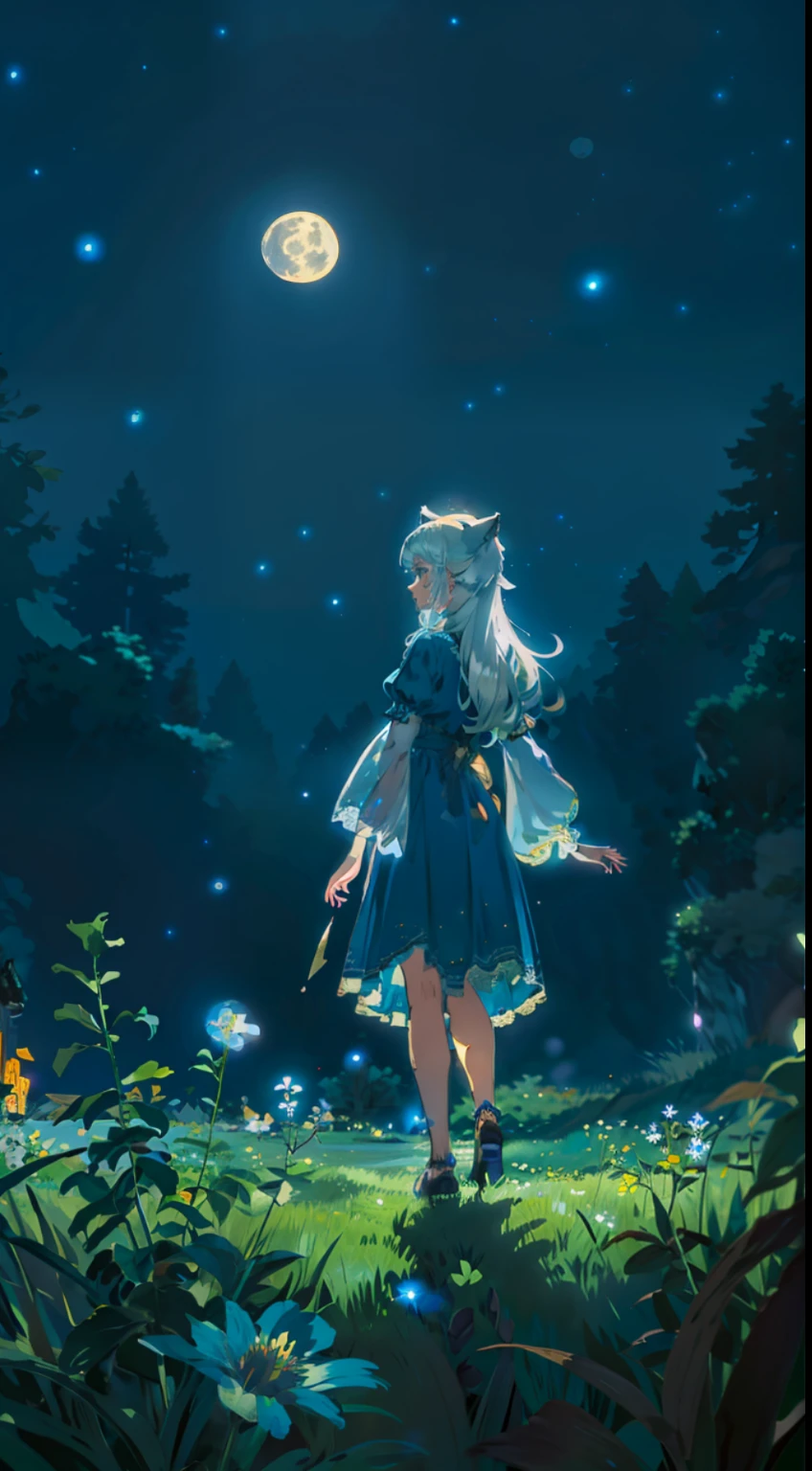 Extensive landscape photo , (above and below looking down), girl standing in flower field looking up, (full moon:1.2), ( shooting stars:0.9), (nebula:1.3), starry sky, white flower field, flower field shining, fantastic flower field, tree , (warm light source:1.2), (firefly:1. 2), lamp, orange and blue mostly fine details, voluminous lighting BREAK (Masterpiece:1.2), (top quality), 4k, super detailed, (dynamic composition:1.4), very fine details, colorful details, ( iridescent:1.2), (glowing lighting, atmospheric lighting), dreamy, fantastic, (solo:1.2), sparkling, glow, petals dancing, white hair, beautiful hair, long hair, cat ears, back view, water effects, soap bubbles, posed, hands are hidden in sleeves, Large lacy sleeves