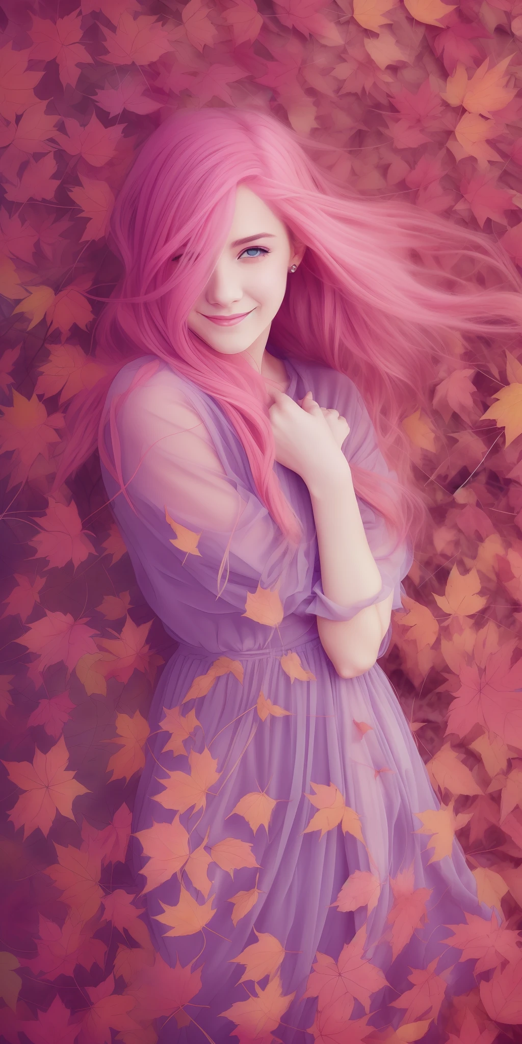A picture of MSE A beautiful woman,The most beautiful girl by Agnes Cecile, cheerful expression, beautiful pink hair moved by the wind, autumn leaves in the air, dress moved by the wind,luminous design, pastel colors, ink drops, autumn lights,