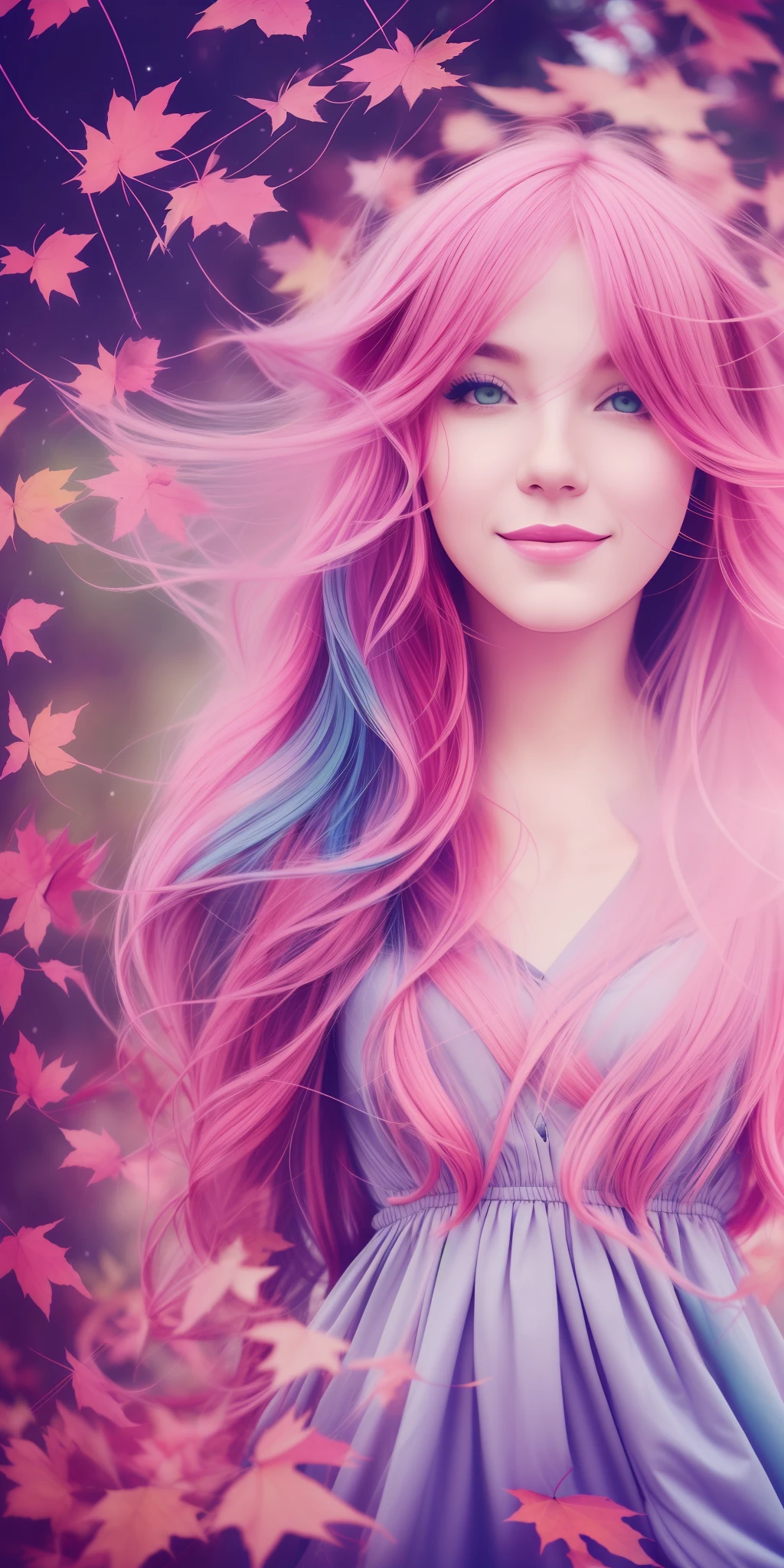 A picture of MSE A beautiful woman,The most beautiful girl by Agnes Cecile, cheerful expression, beautiful pink hair moved by the wind, autumn leaves in the air, dress moved by the wind,luminous design, pastel colors, ink drops, autumn lights,