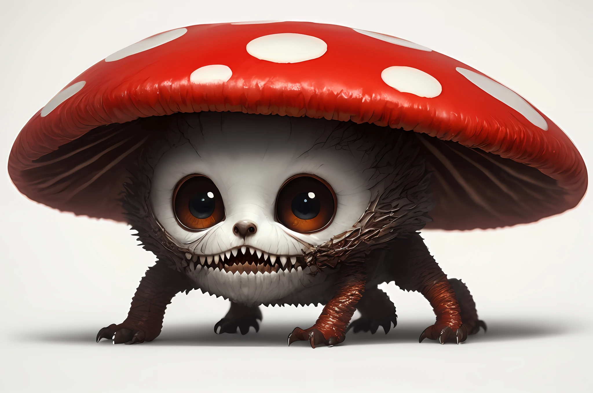 A adorable red capped mushroom white dots cute with a face with one eye , crying mouth and scary teeth" :: white background breathtaking hyperrealistic :: by Android Jones, Jean Baptiste monge, Alberto Seveso, James Jean, Jeremy Mann, insanely detailed professional photography :: masterpiece, 8k resolution concept art trending on Artstation, triadic colors, Unreal Engine 5 cg society octane photograph ultra detailed sharp crisp lines